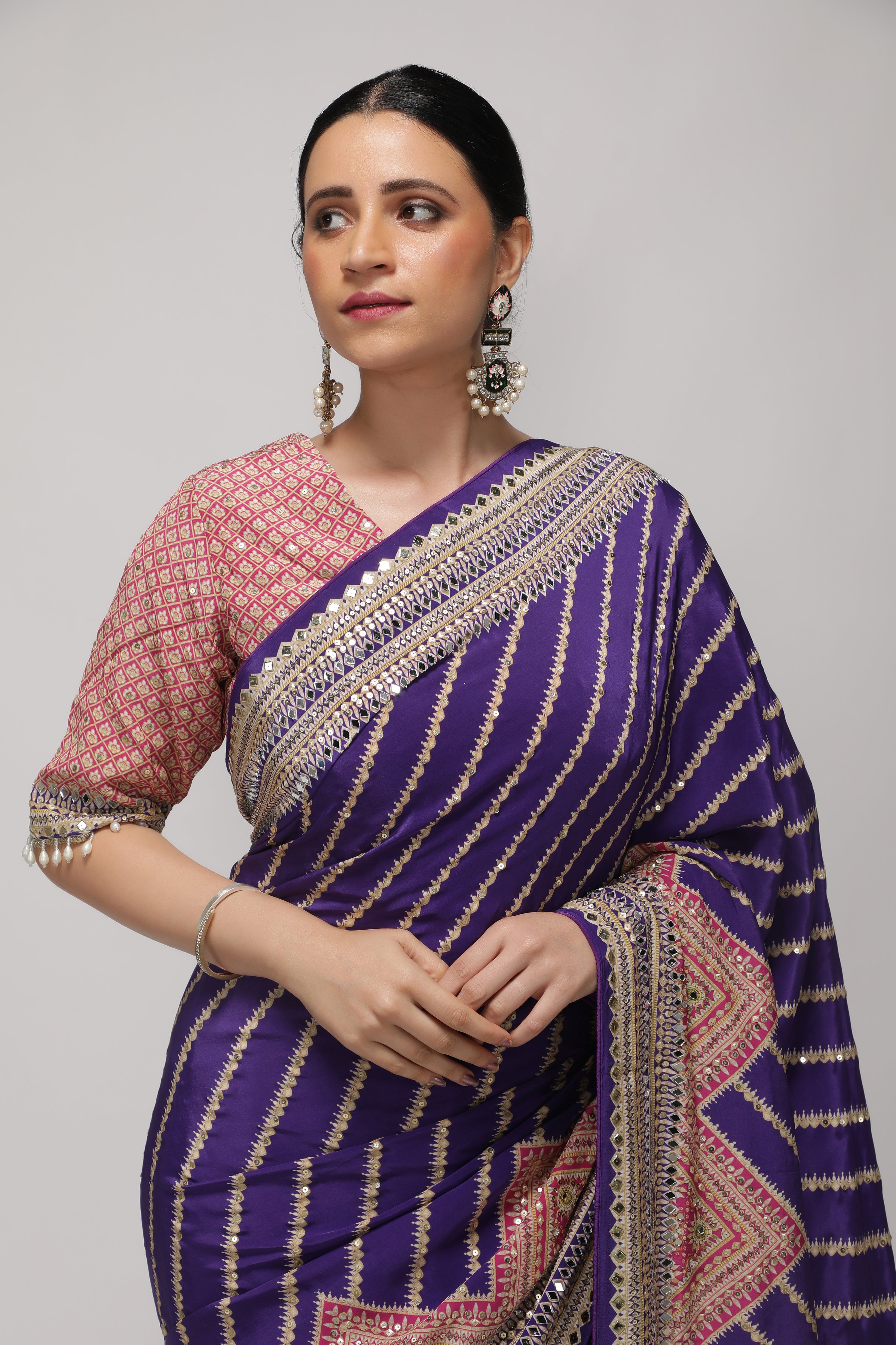 Purple Satin Silk Leheriya Print Saree with Mirror & Sequin Embroidery