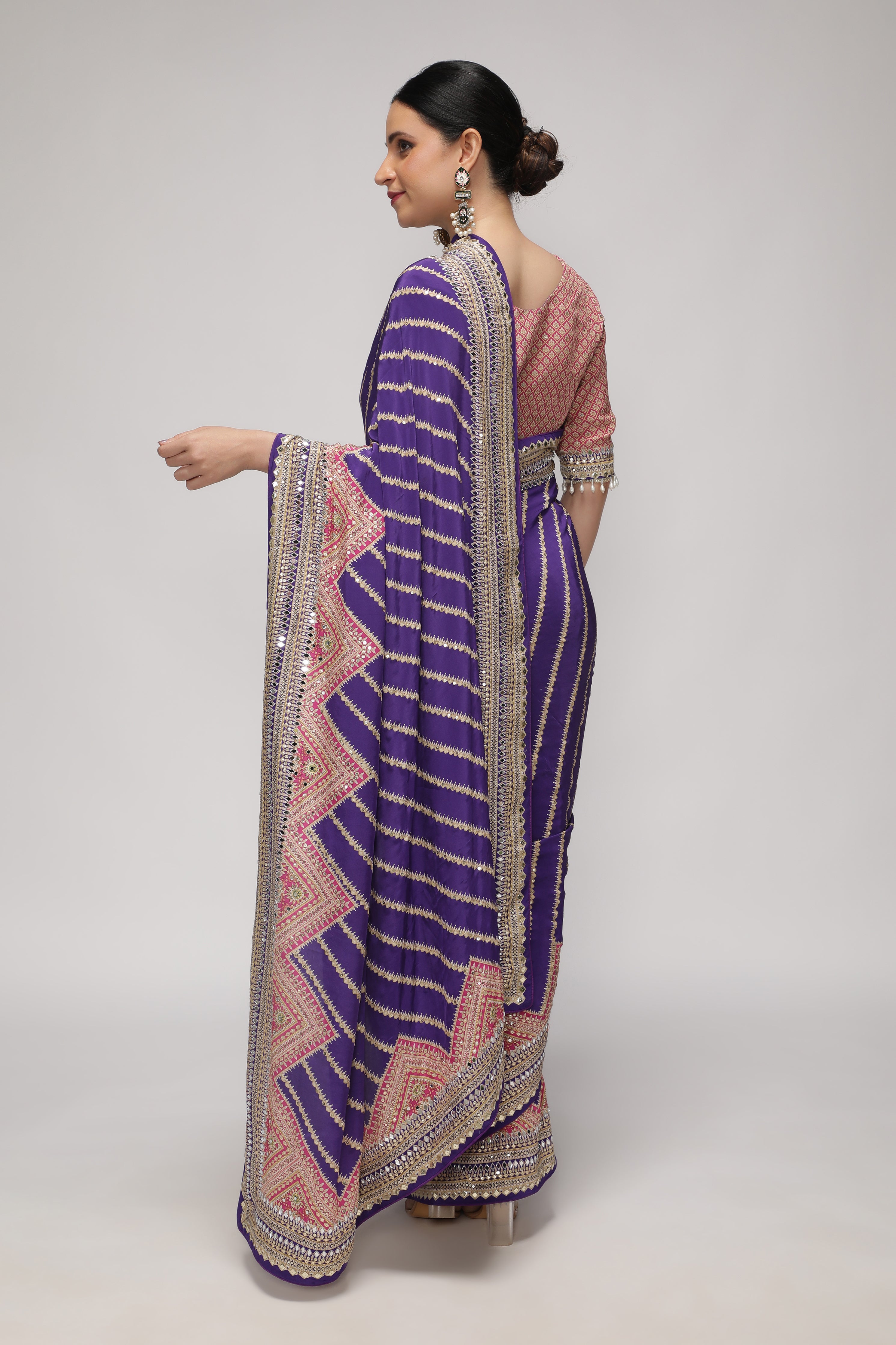 Purple Satin Silk Leheriya Print Saree with Mirror & Sequin Embroidery