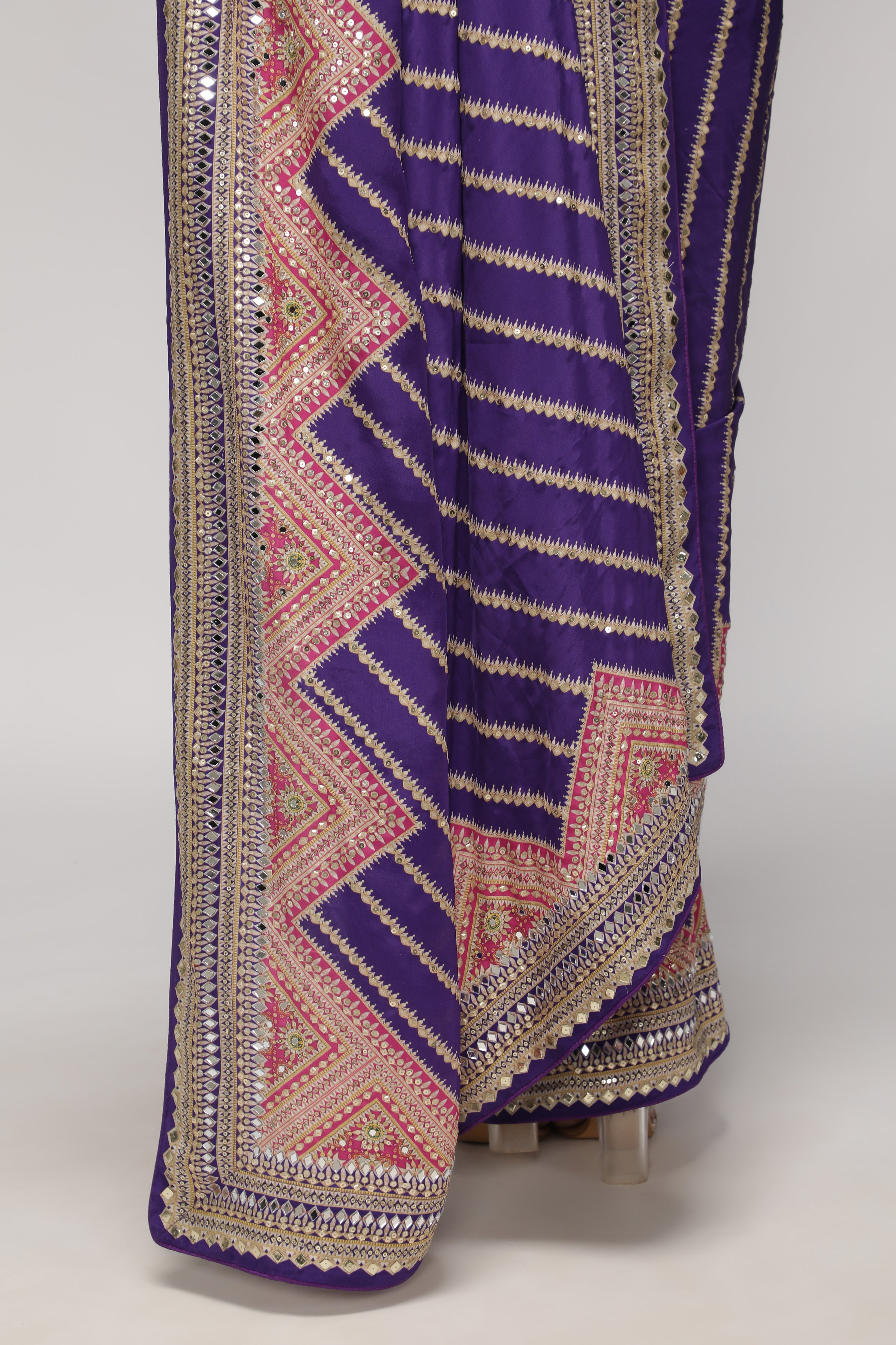 Purple Satin Silk Leheriya Print Saree with Mirror & Sequin Embroidery