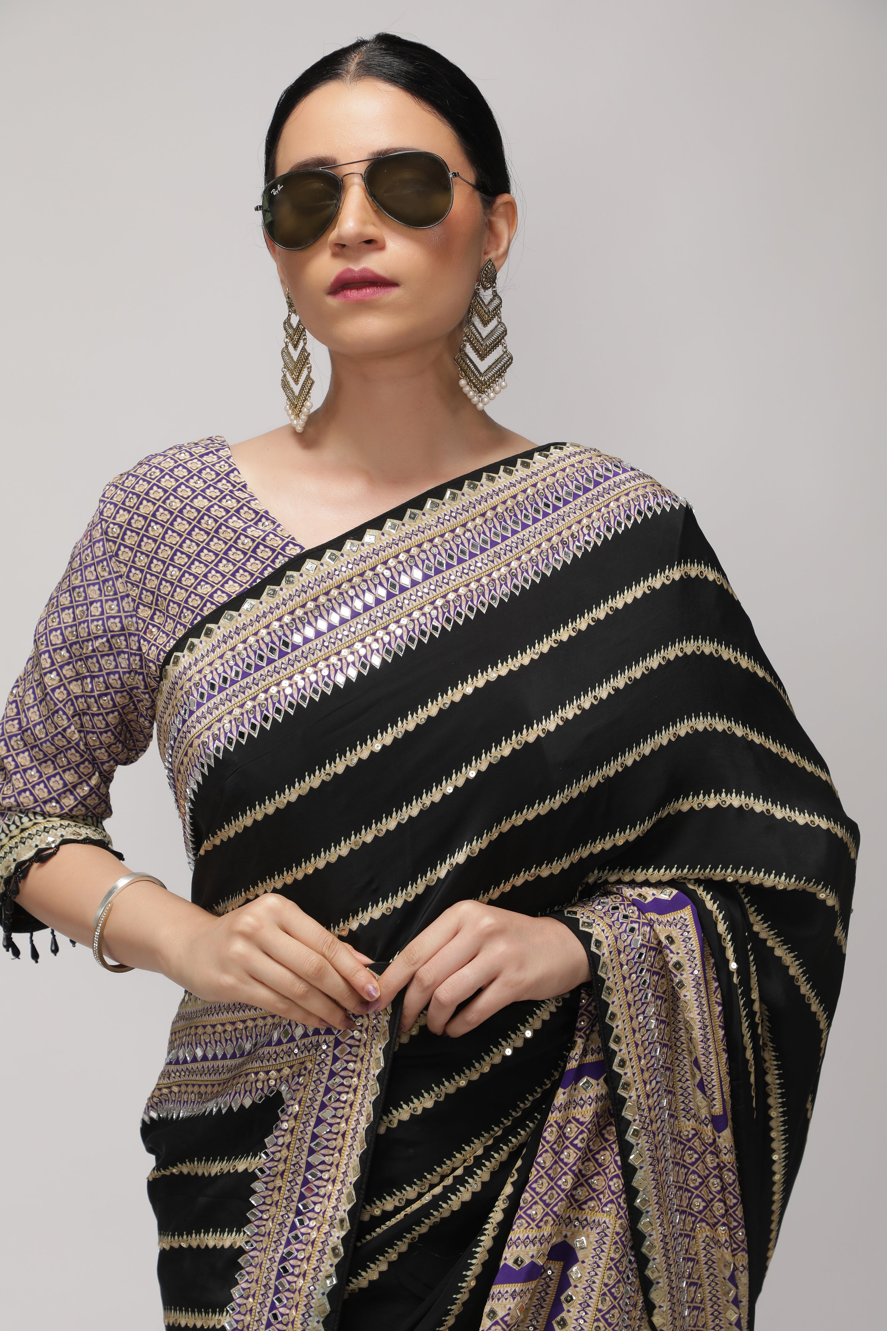 Black Satin Silk Saree with Striped Print, Mirror & Sequin Embroidery