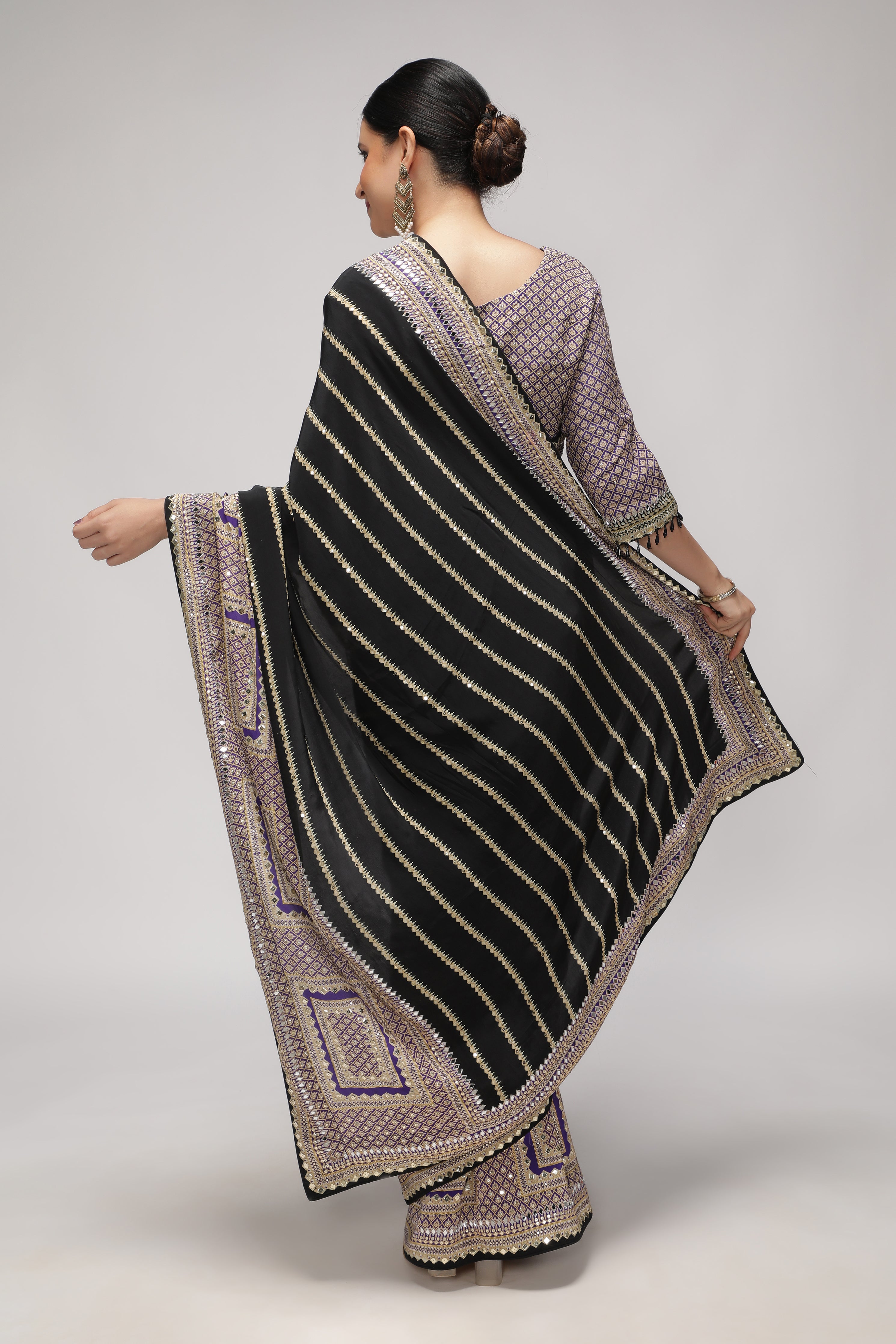 Black Satin Silk Saree with Striped Print, Mirror & Sequin Embroidery