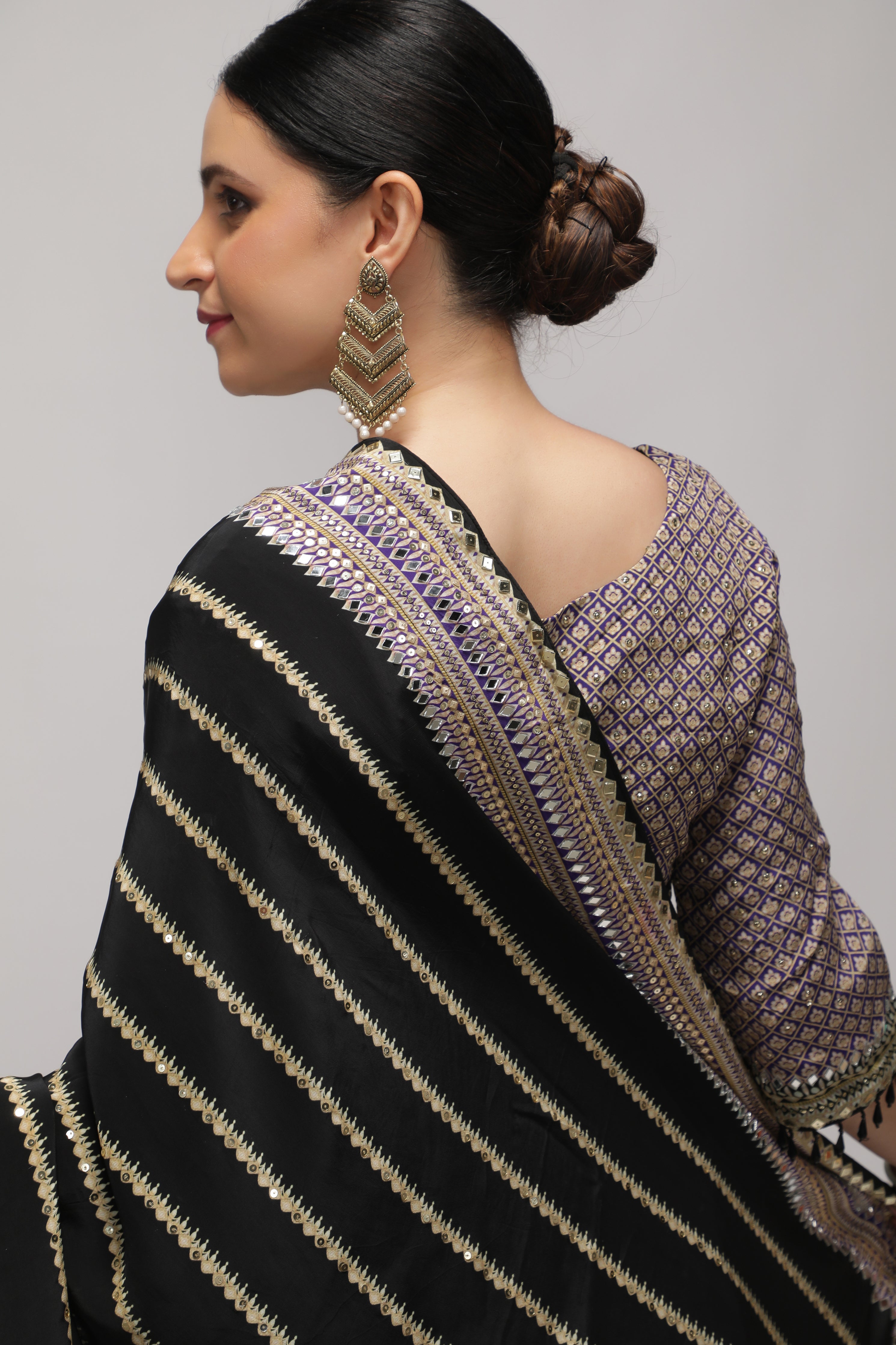 Black Satin Silk Saree with Striped Print, Mirror & Sequin Embroidery