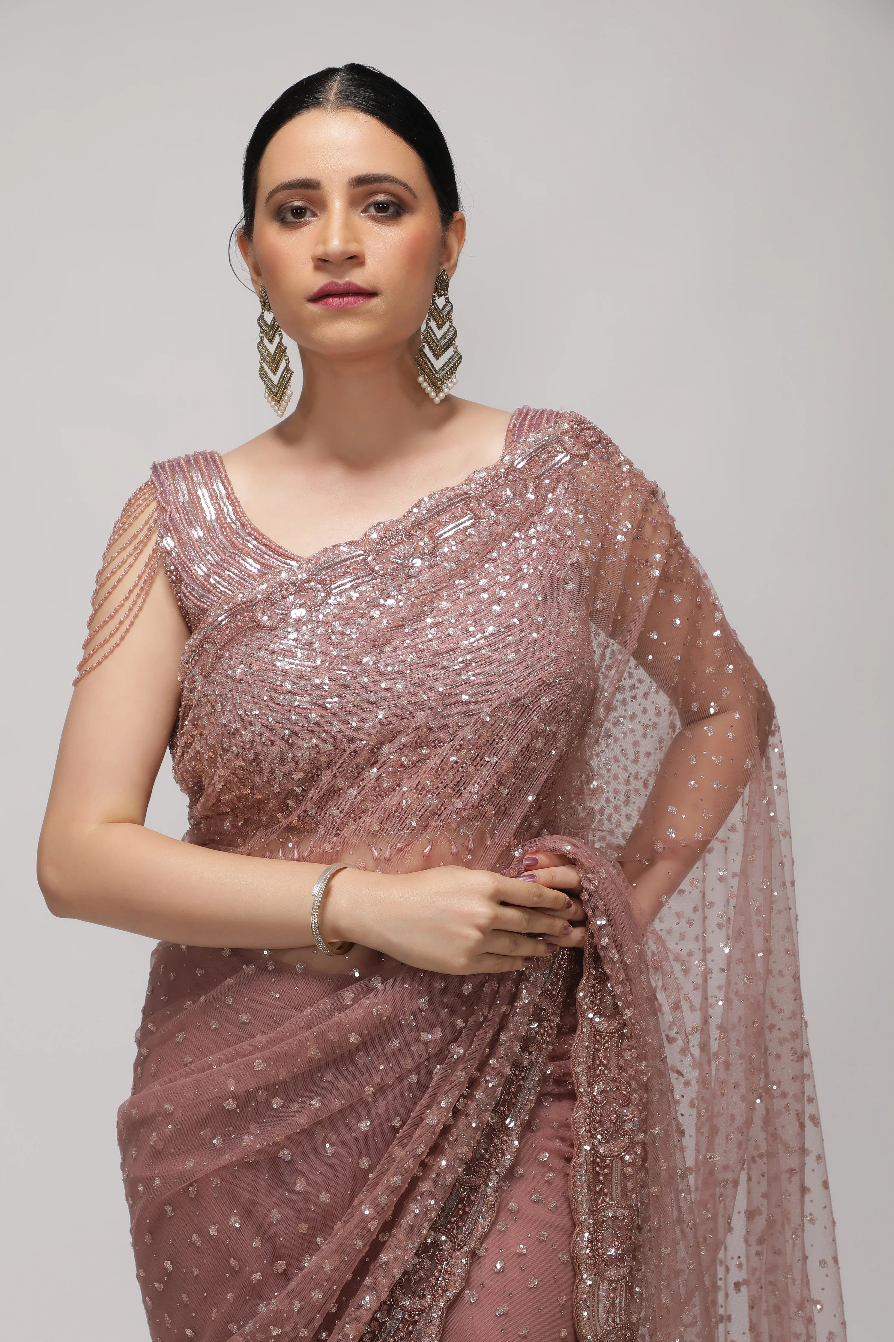 Dusty Rose Net Saree with All-Over Sequin & Pearl Scallop Border - Mokshaa