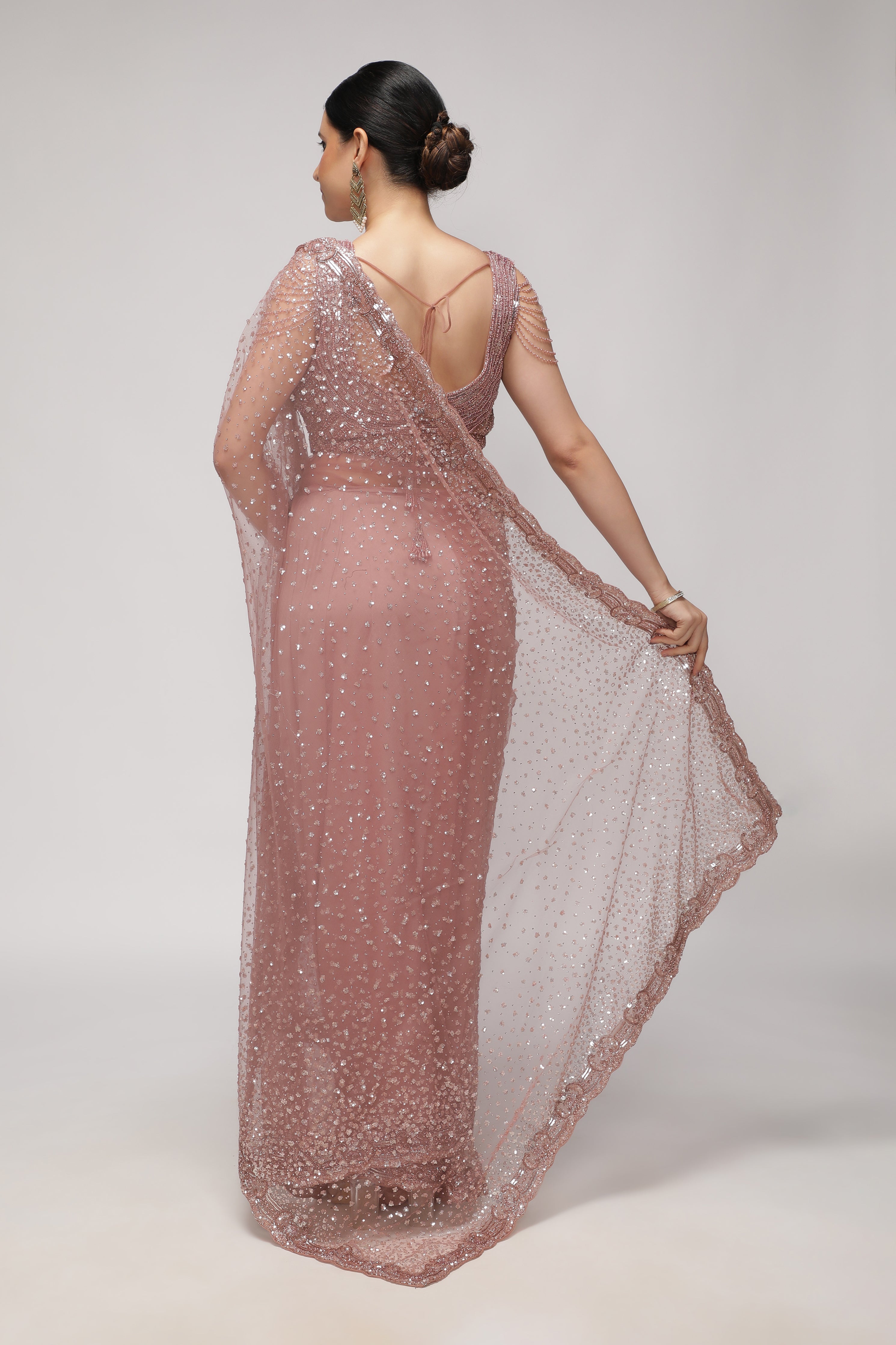Blush Mauve Net Saree with All-Over Sequin & Pearl Scallop Border