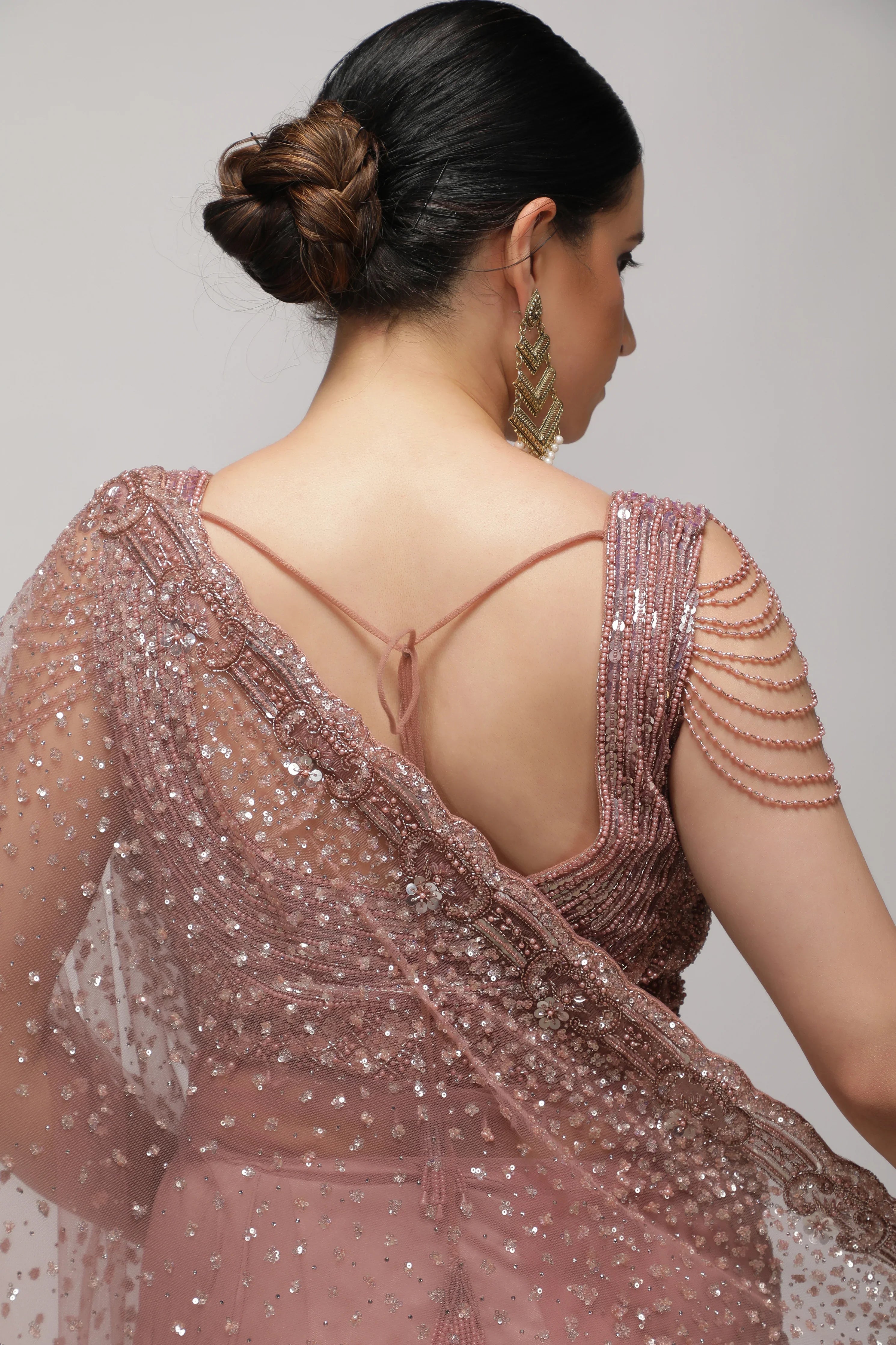 Dusty Rose Net Saree with All-Over Sequin & Pearl Scallop Border - Mokshaa
