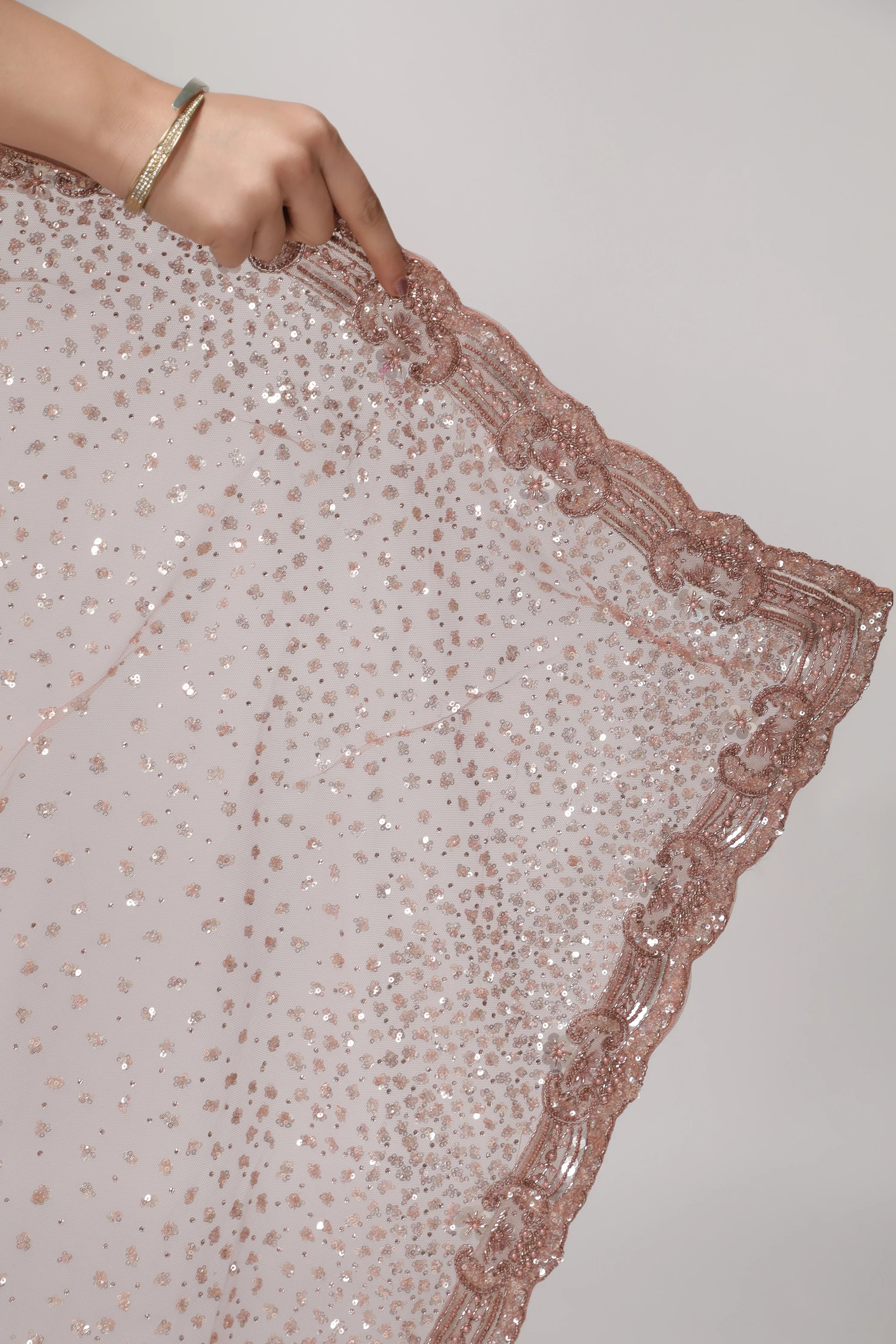 Dusty Rose Net Saree with All-Over Sequin & Pearl Scallop Border - Mokshaa