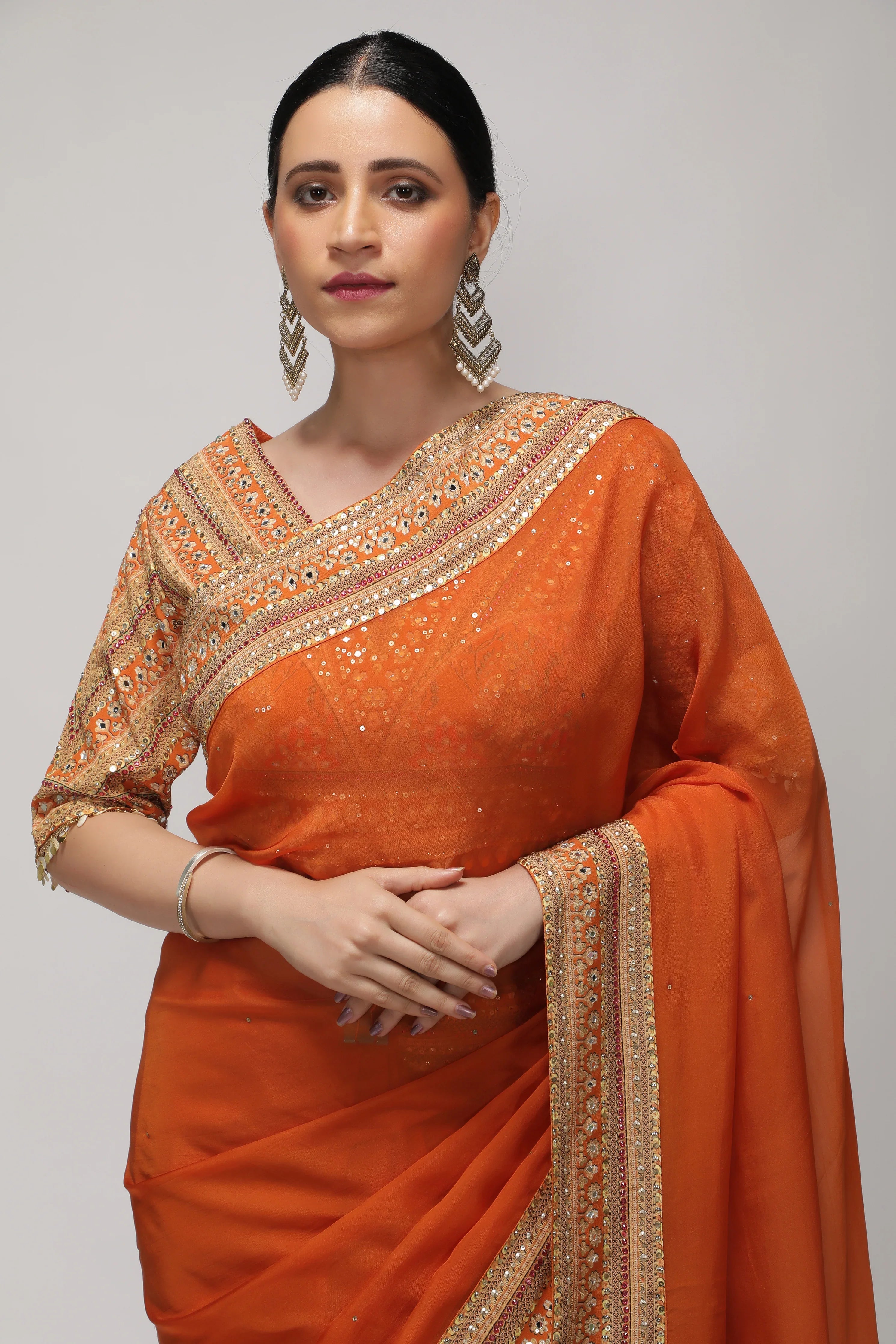 Orange Silk Organza Saree with Sequin Highlights & Mirror Work Border - Mokshaa