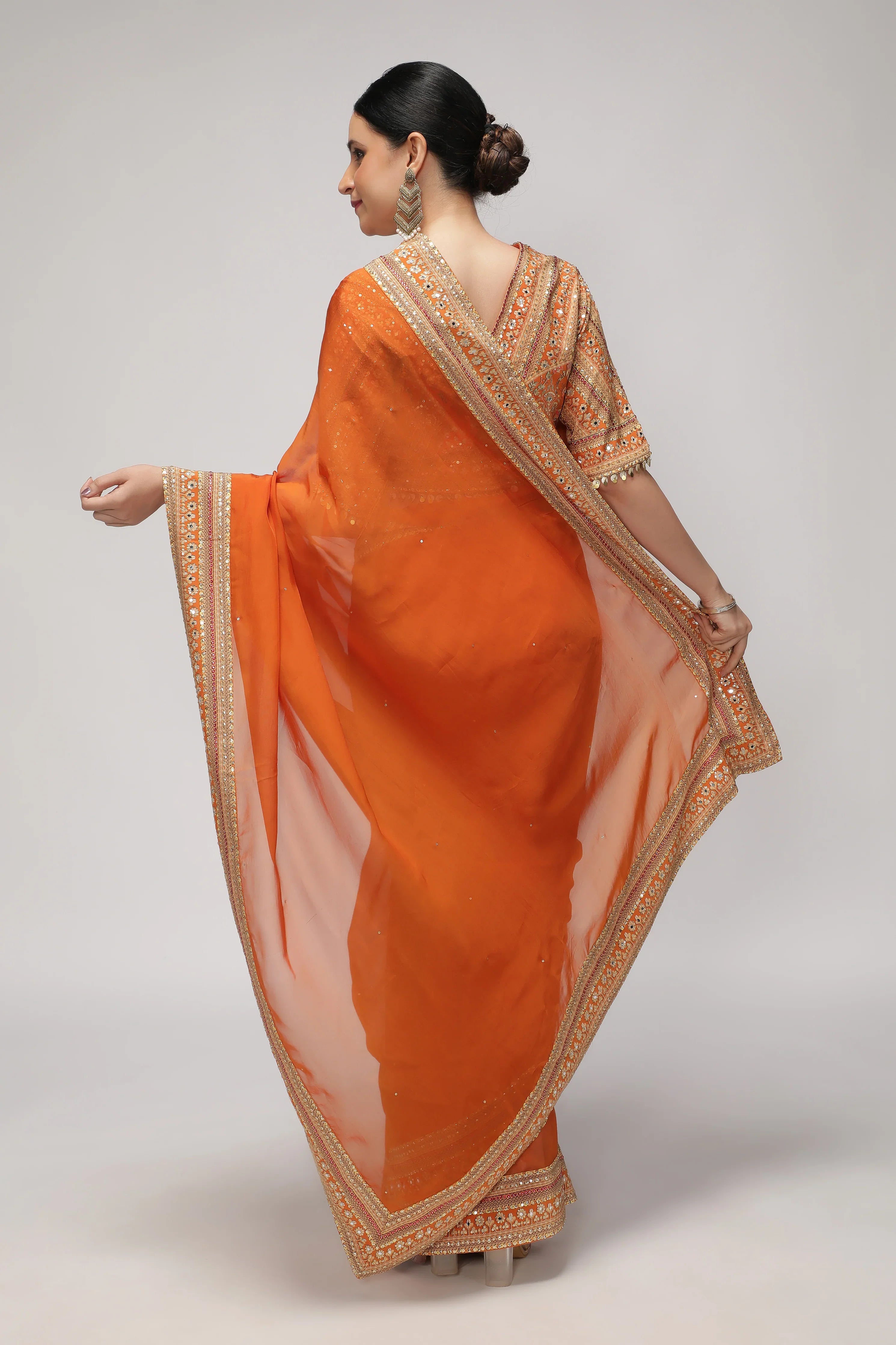 Orange Silk Organza Saree with Sequin Highlights & Mirror Work Border - Mokshaa