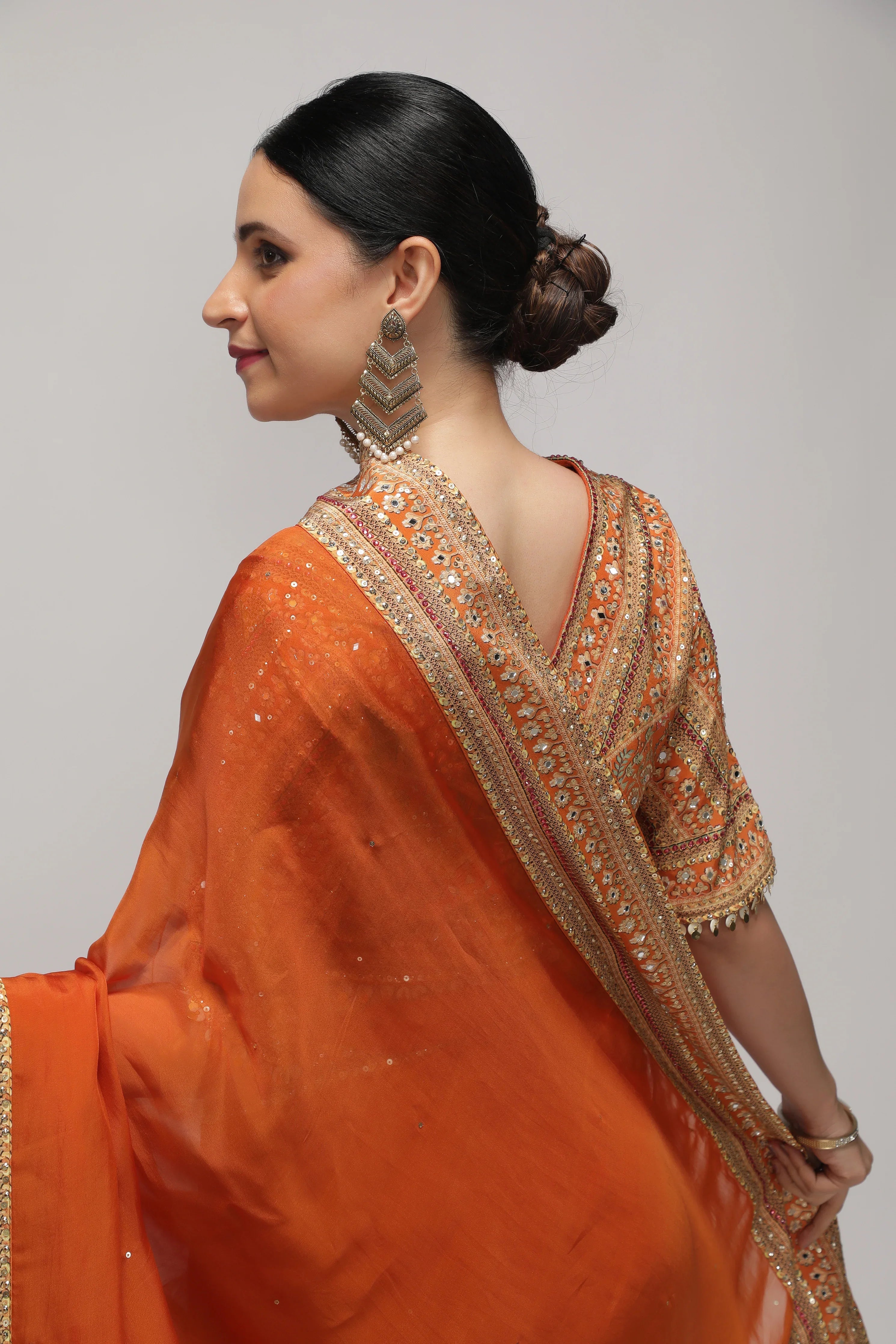 Orange Silk Organza Saree with Sequin Highlights & Mirror Work Border - Mokshaa