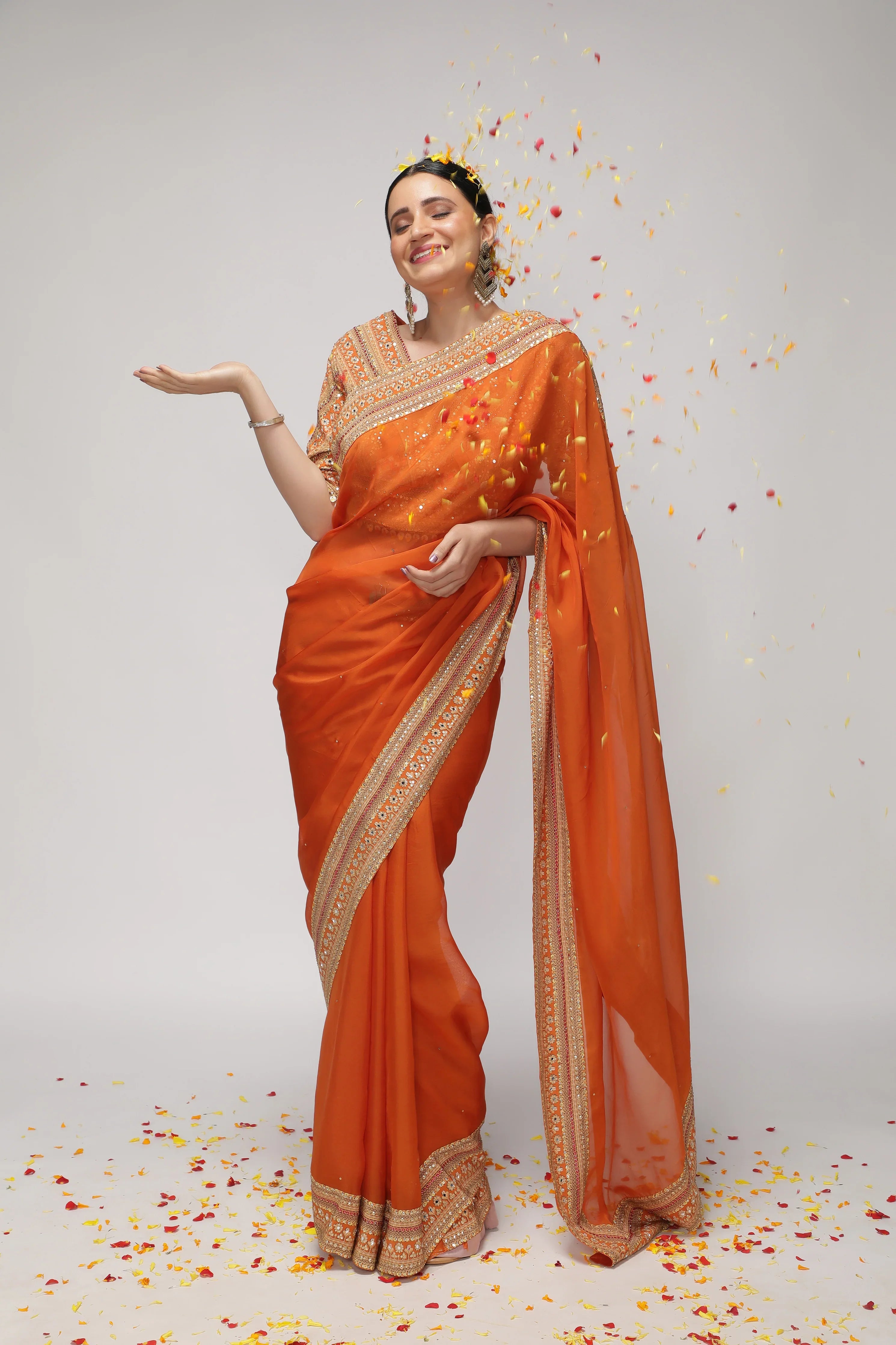 Orange Silk Organza Saree with Sequin Highlights & Mirror Work Border - Mokshaa