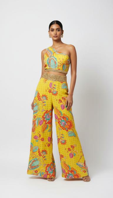 Lime Bloom Printed Crepe Sharara Set