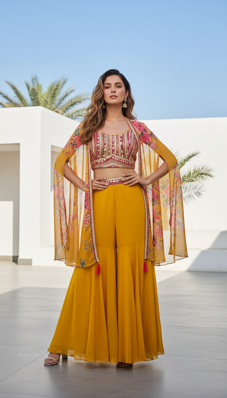 Yellow Georgette Embroidered Cape Set