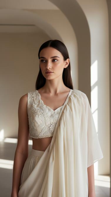 Ivory Organza Embroidered Pleated Saree