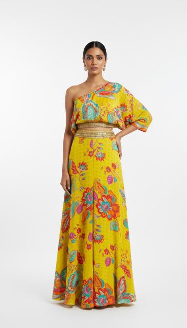 Lime Bloom Printed Crepe Sharara Set
