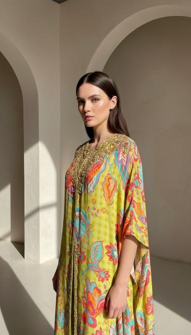 Lime Crepe Floral Embroidered Cape Set