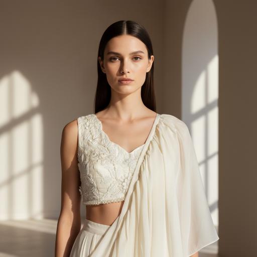 Ivory Organza Embroidered Pleated Saree