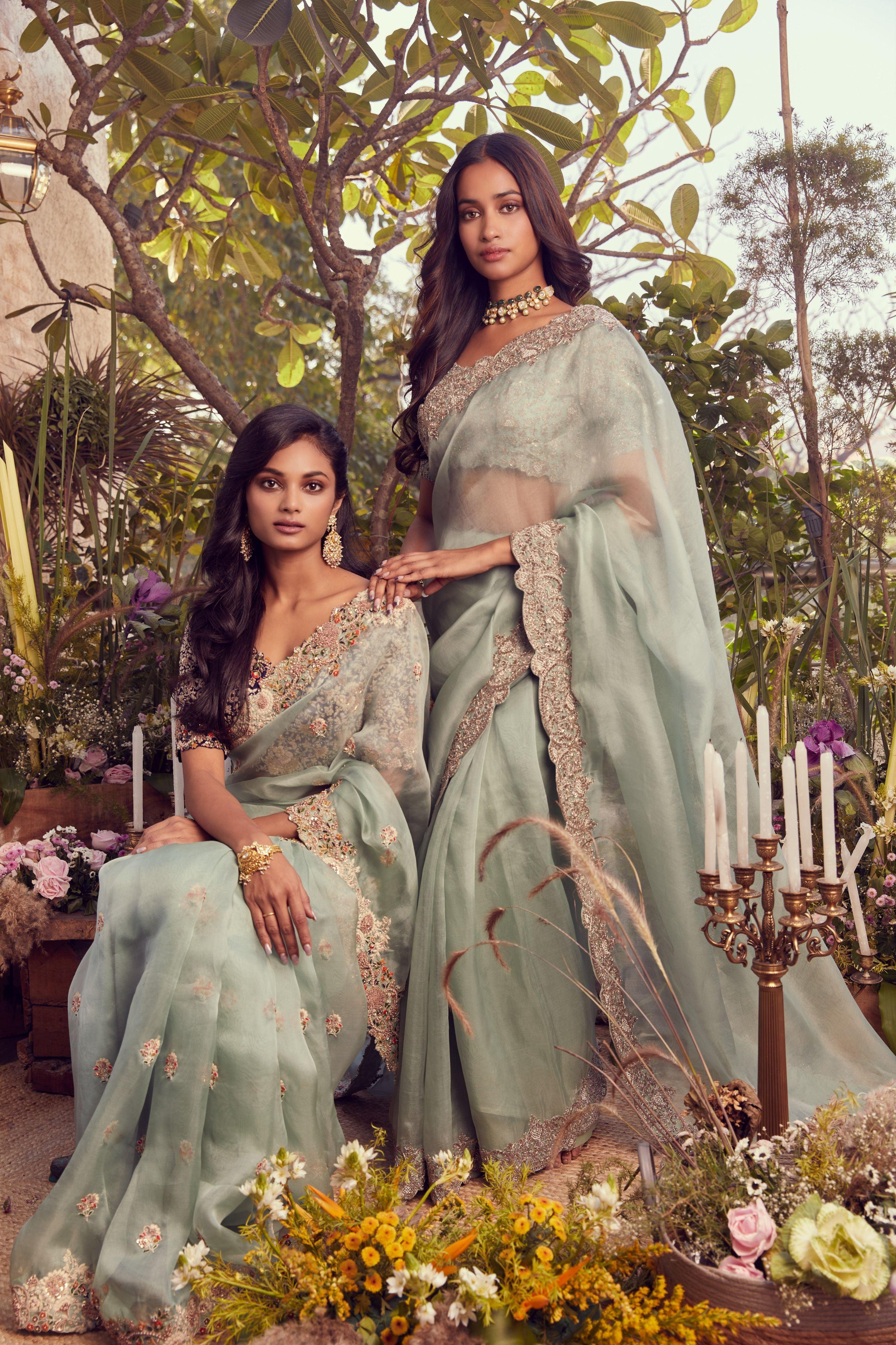 Aqua Organza Saree with Silk Blouse  Mokshaa