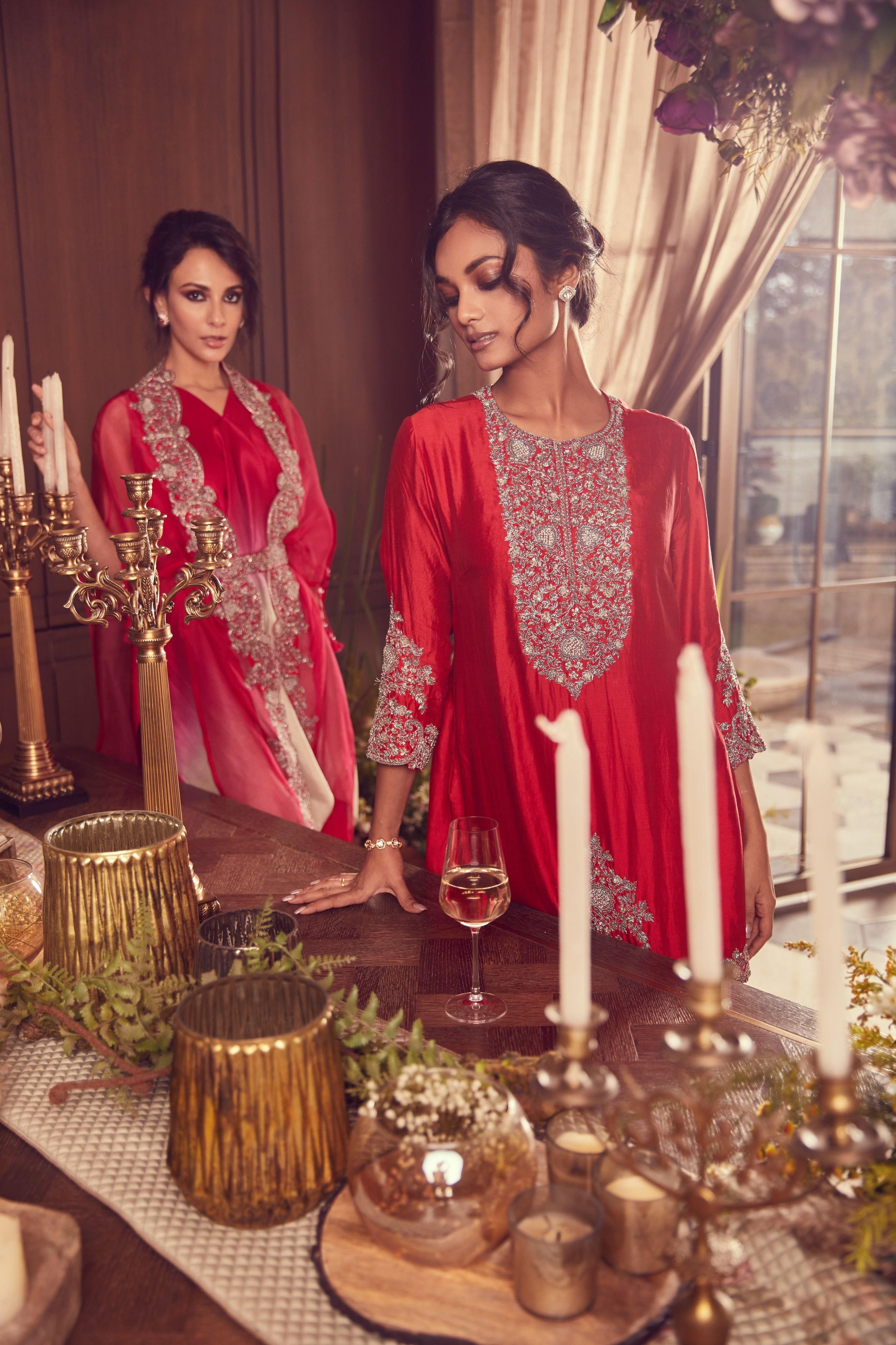 Ombre handkerchief with organza cape and cotton satin sharara Mokshaa