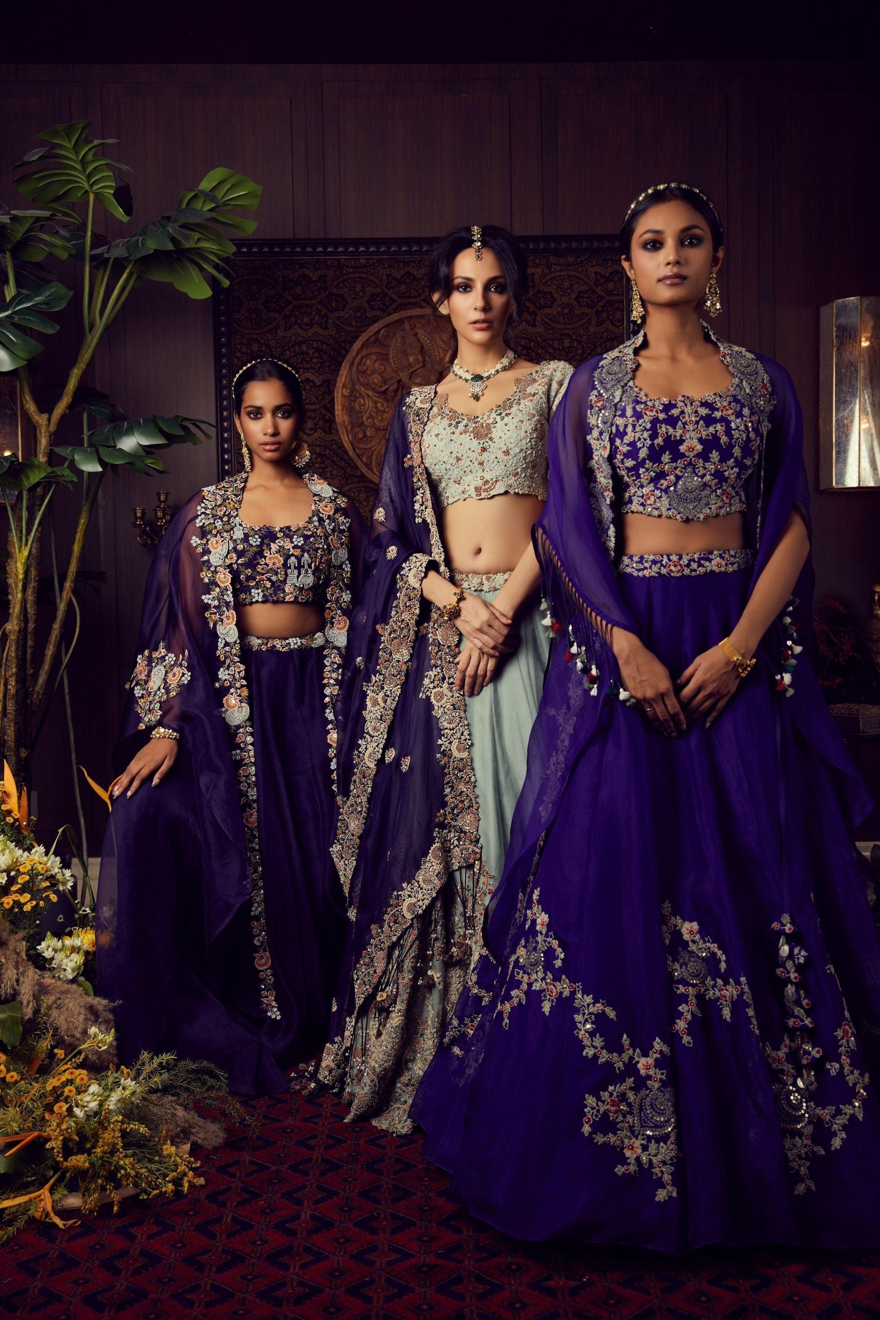 Dark aubergine organza lehenga and organza cape with silk blouse  Mokshaa