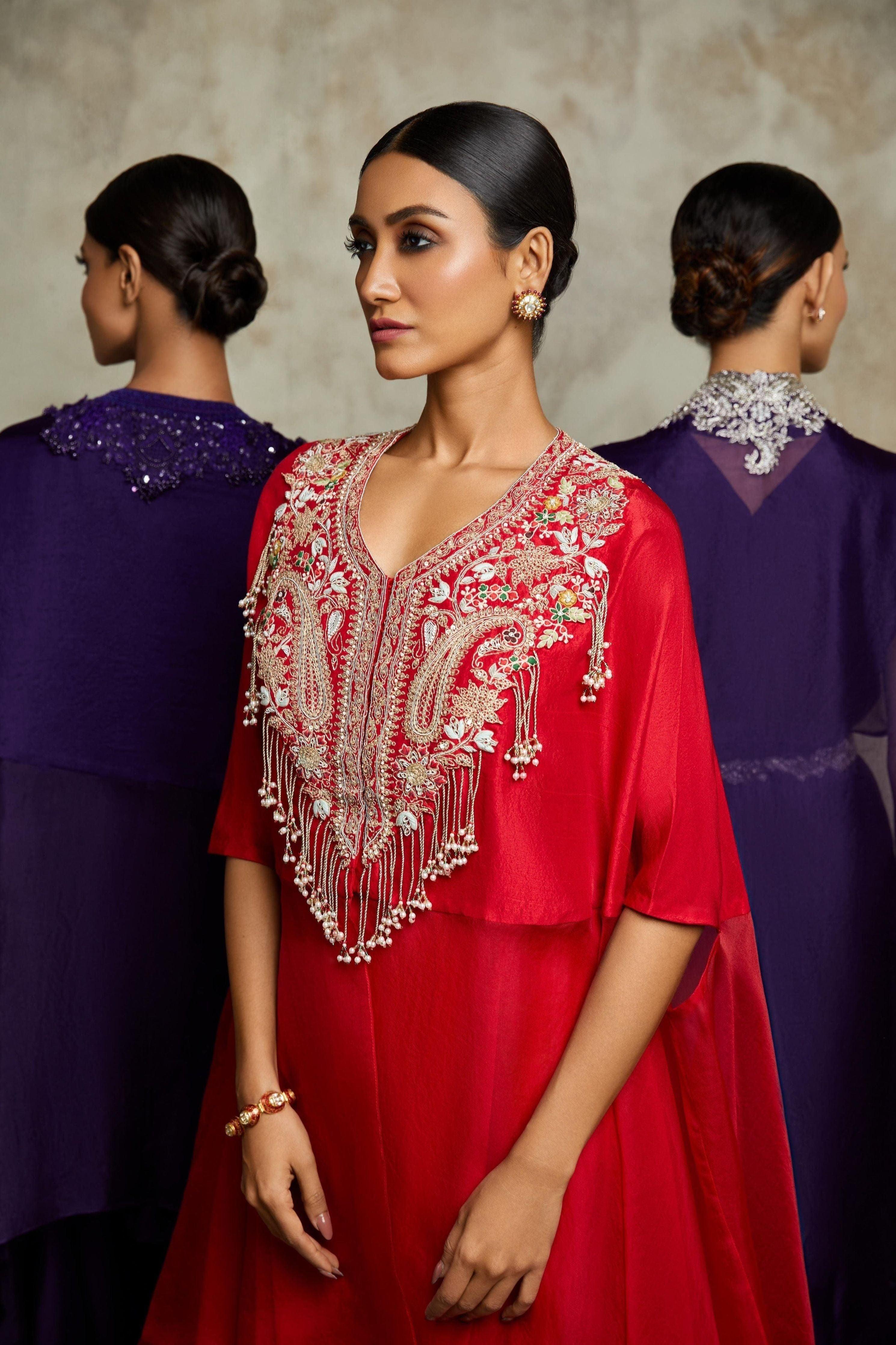 Blood red organza and silk kaftaan with silk bustier and cotton satin pants Mokshaa