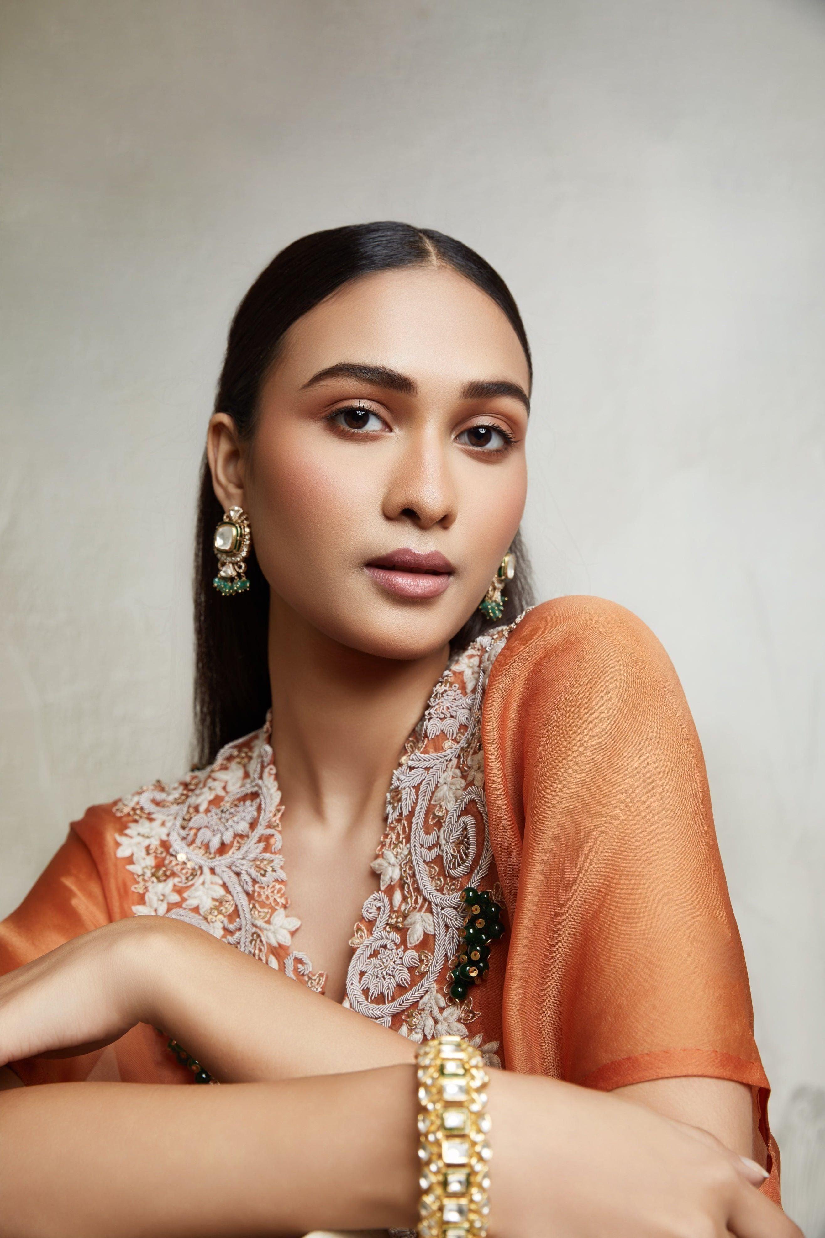 Rust Pull Dori Kaftan Set with Bustier & Asymmetric Pants Mokshaa