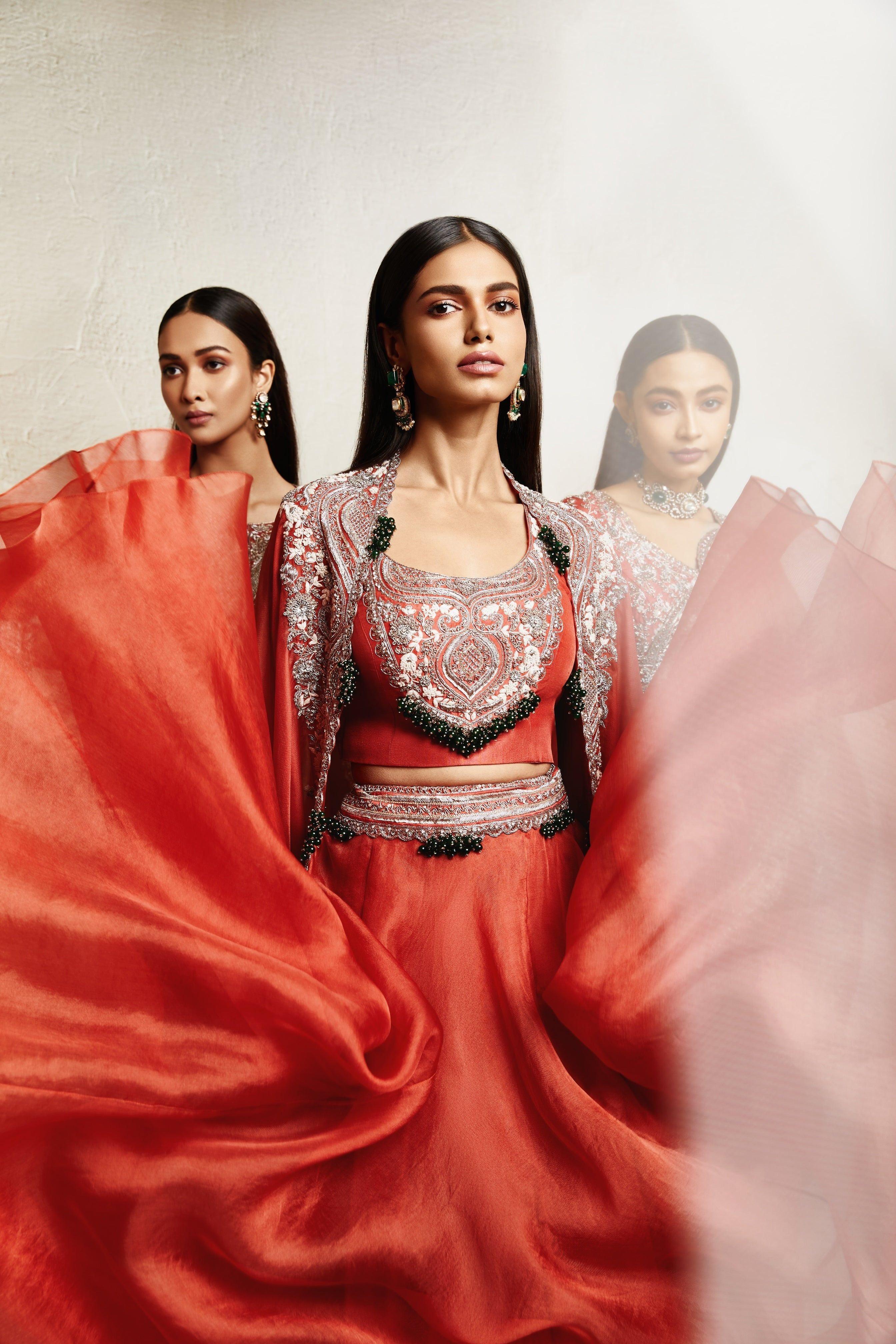 Deep Orange Blouse with Skirt and Cape Mokshaa