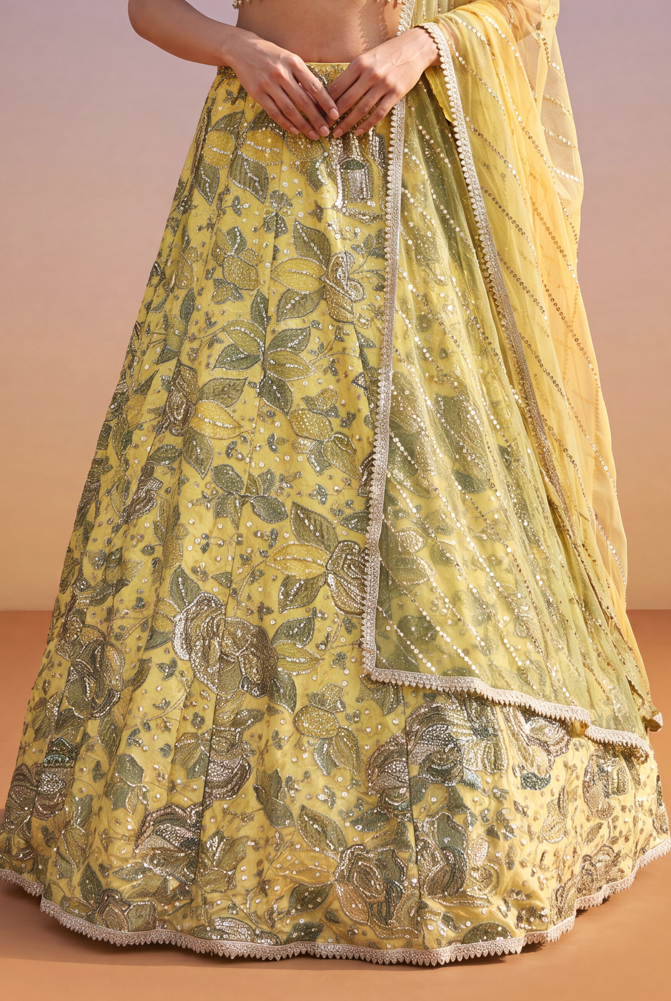 Yellow-Green Silk Lehenga with Floral Print, Zari & Sequin Work