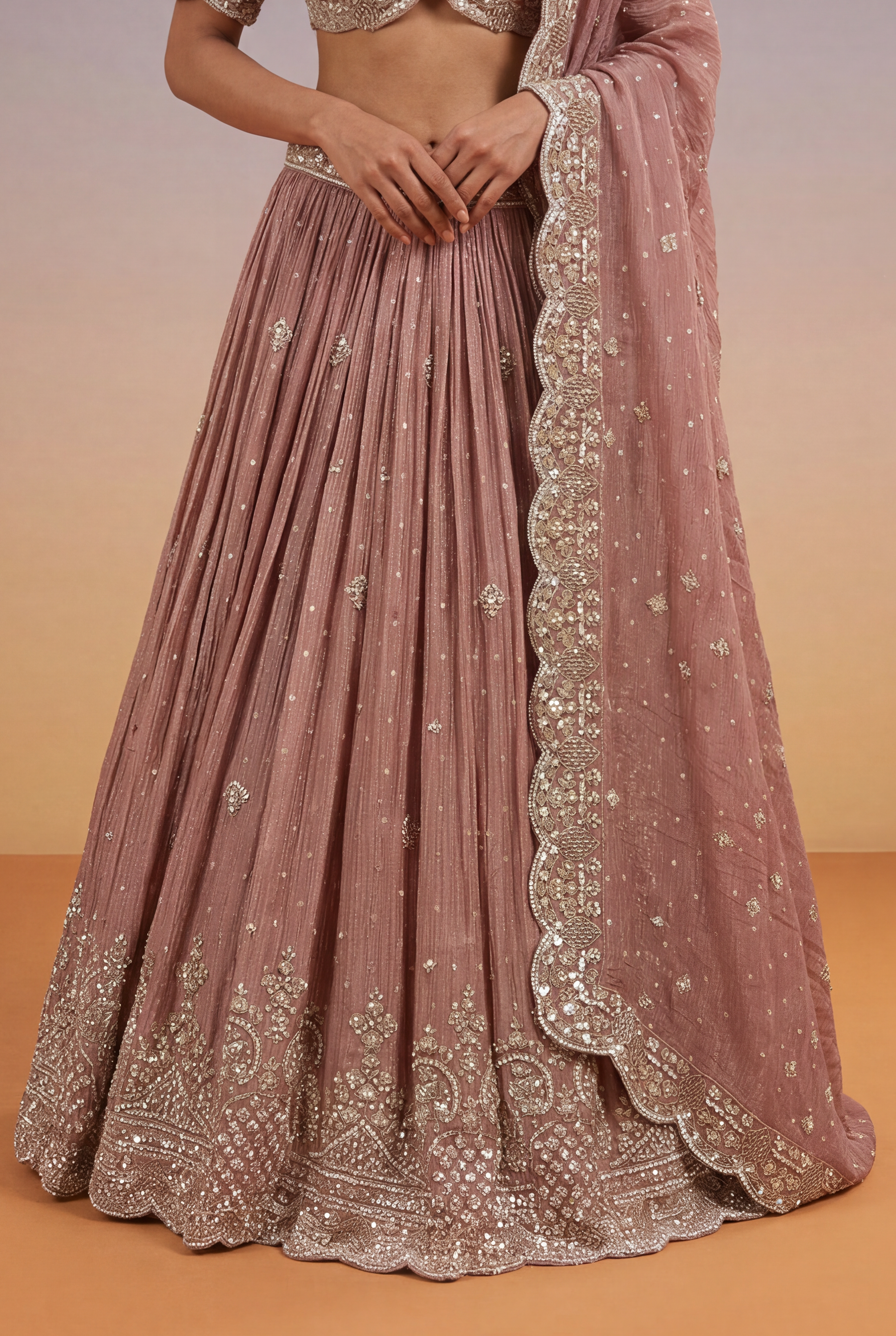 Dusty Rose Tissue Lehenga with Sequin, Kutdana & Pearl Embroidery