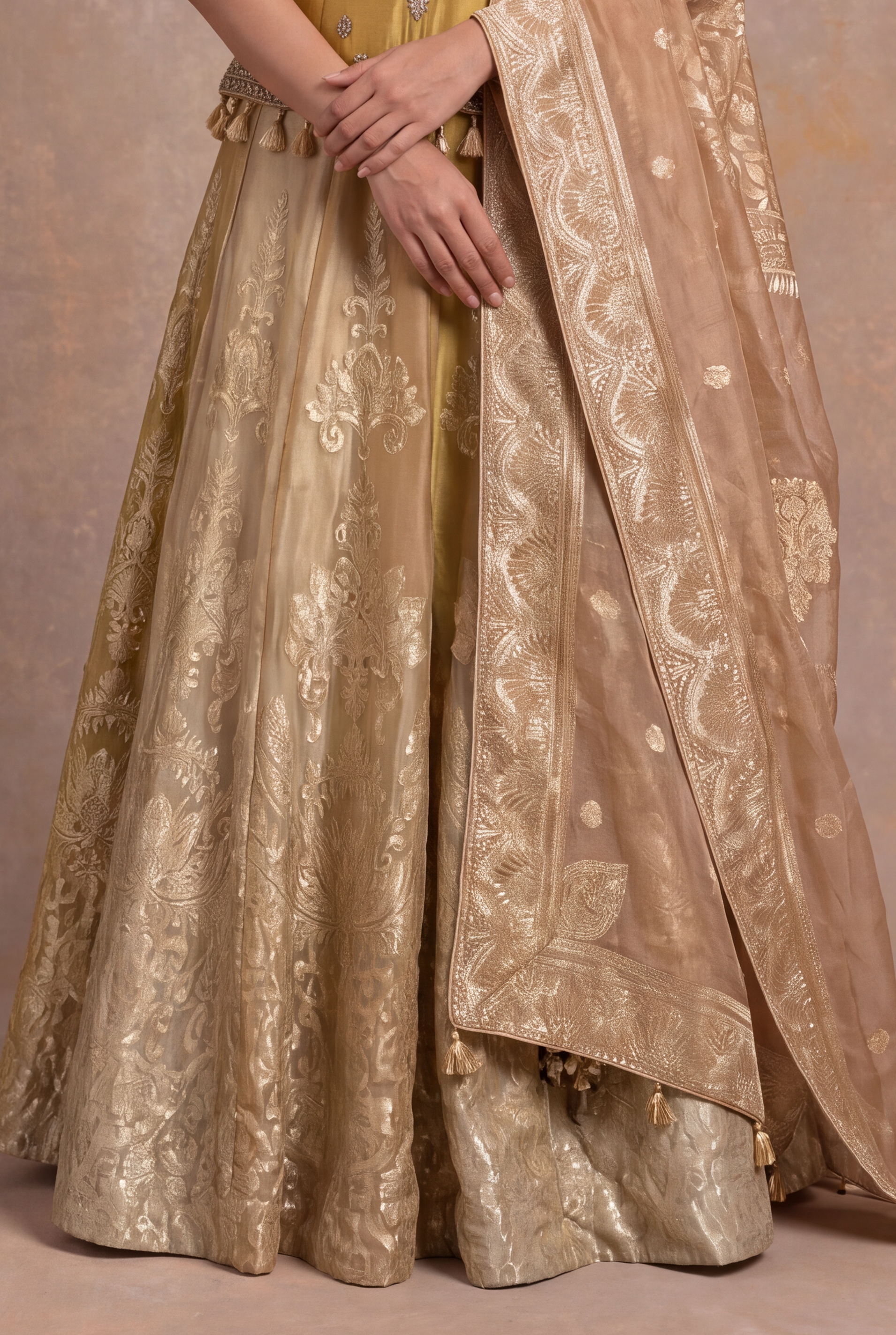 Gold Banarasi Tissue Lehenga with Zardosi & Pearl Work