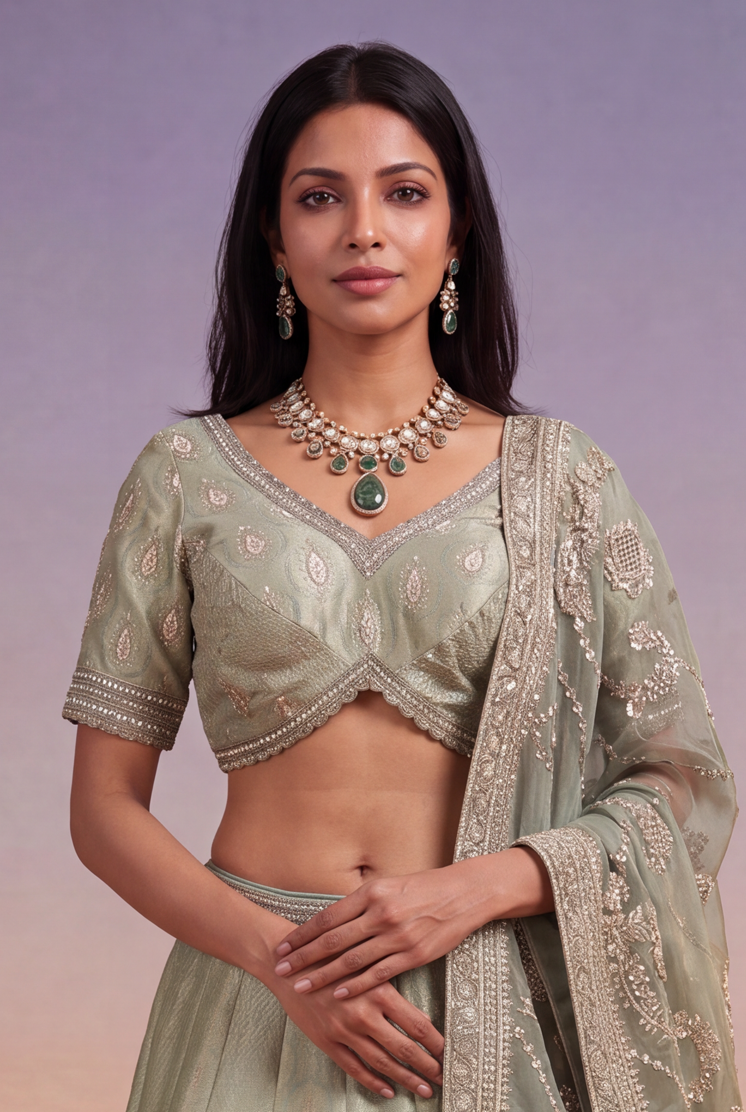 Sage Green Banarasi Silk Lehenga with Kutdana & Pearl Embroidery