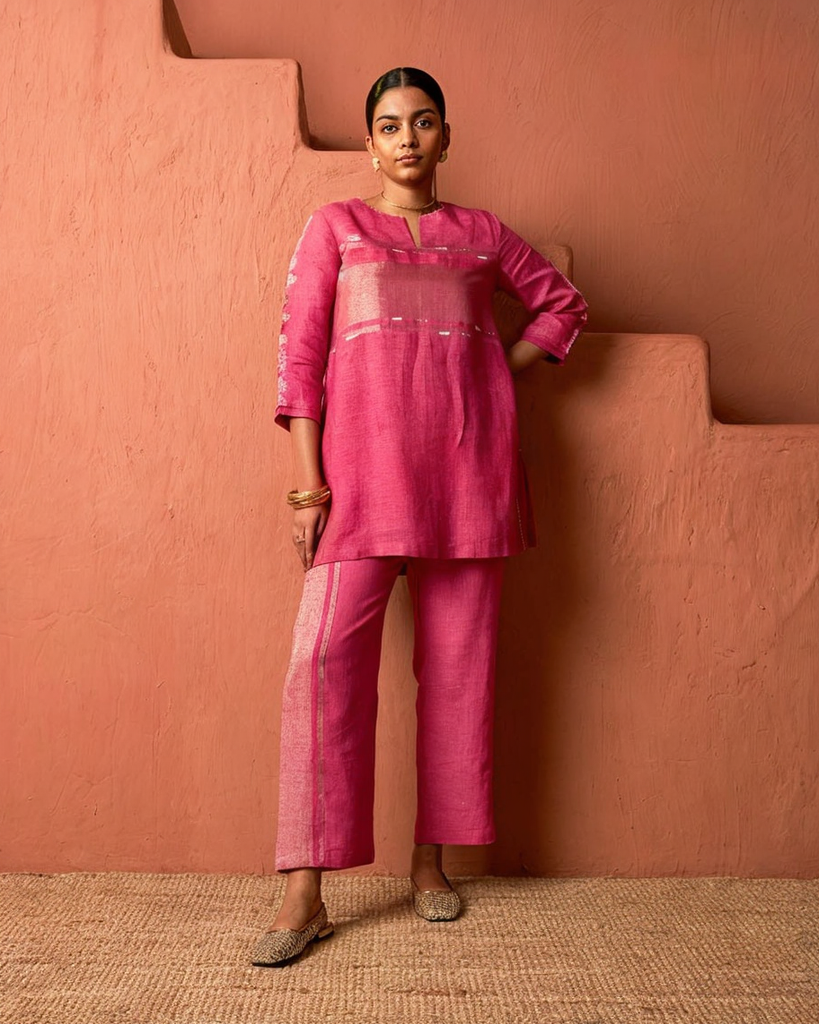 Rose Pink Linen Co-ord Set with Metallic Detailing