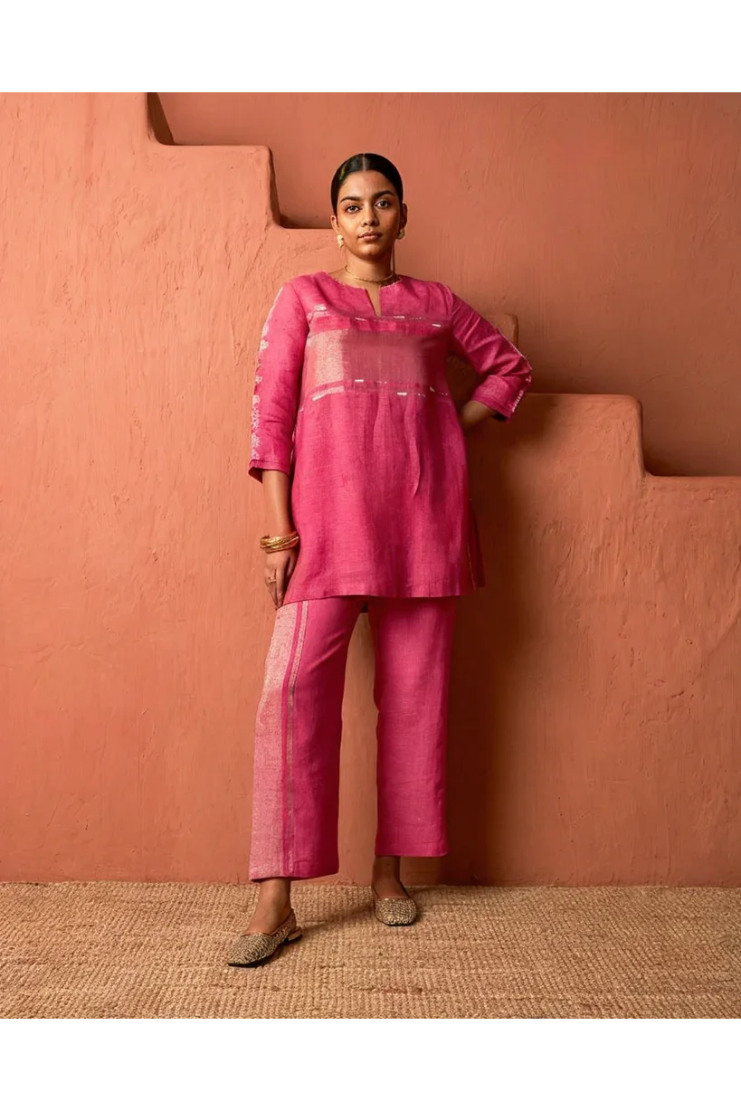 Rose Pink Linen Co-ord Set with Metallic Detailing - Mokshaa