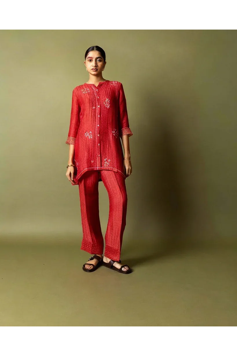 Red Textured Cotton Co-ord Set - Mokshaa