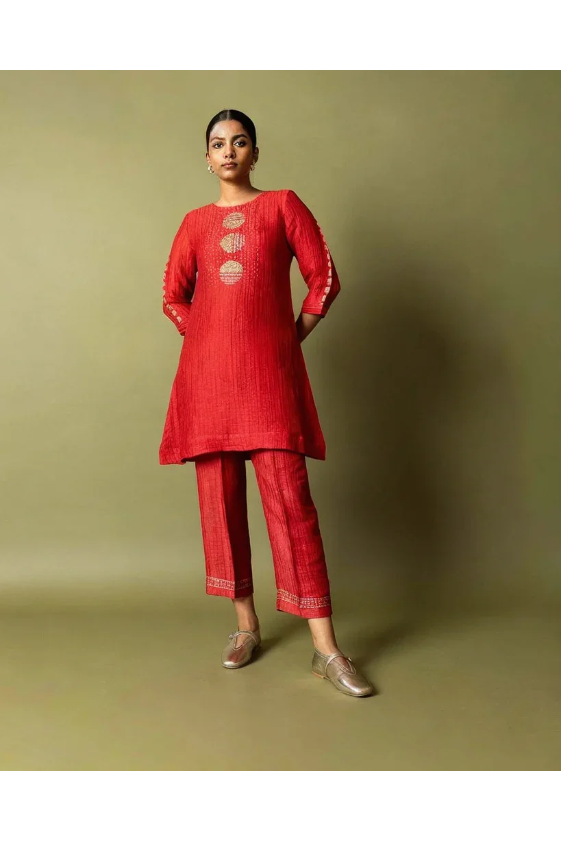 Red Motif Textured Cotton Co-ord Set - Mokshaa