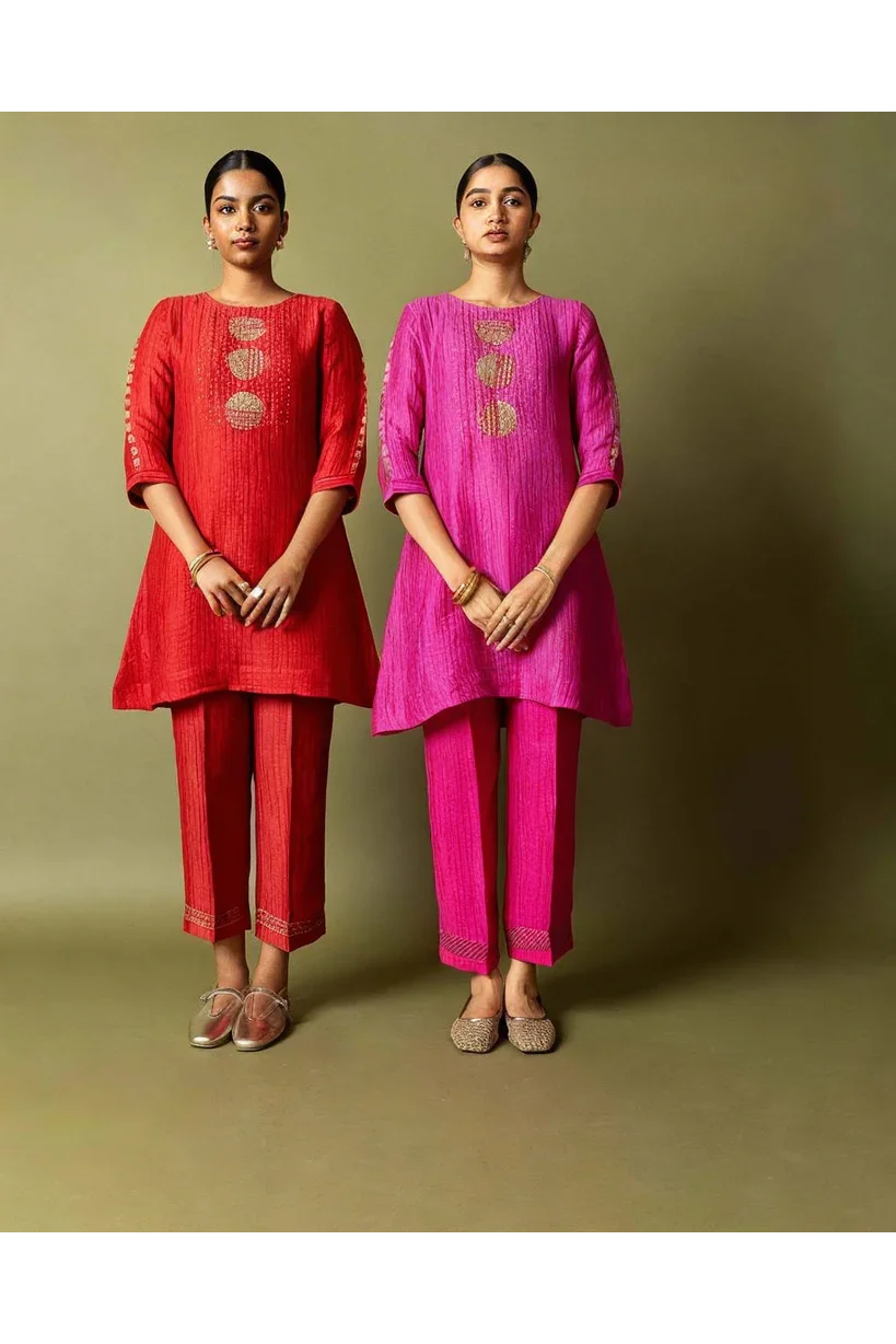 Red Motif Textured Cotton Co-ord Set - Mokshaa