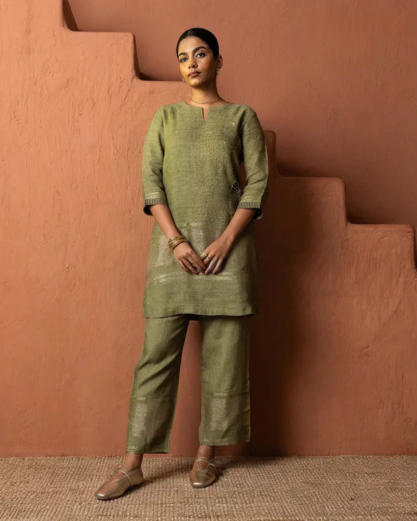 Olive Green Linen Co-ord Set with Metallic Details | Mokshaa