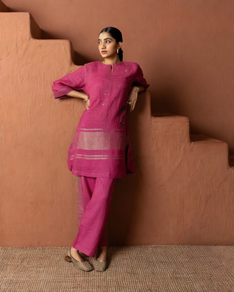 Hot Pink Linen Co-ord Set with Sequins and Metallic Accents