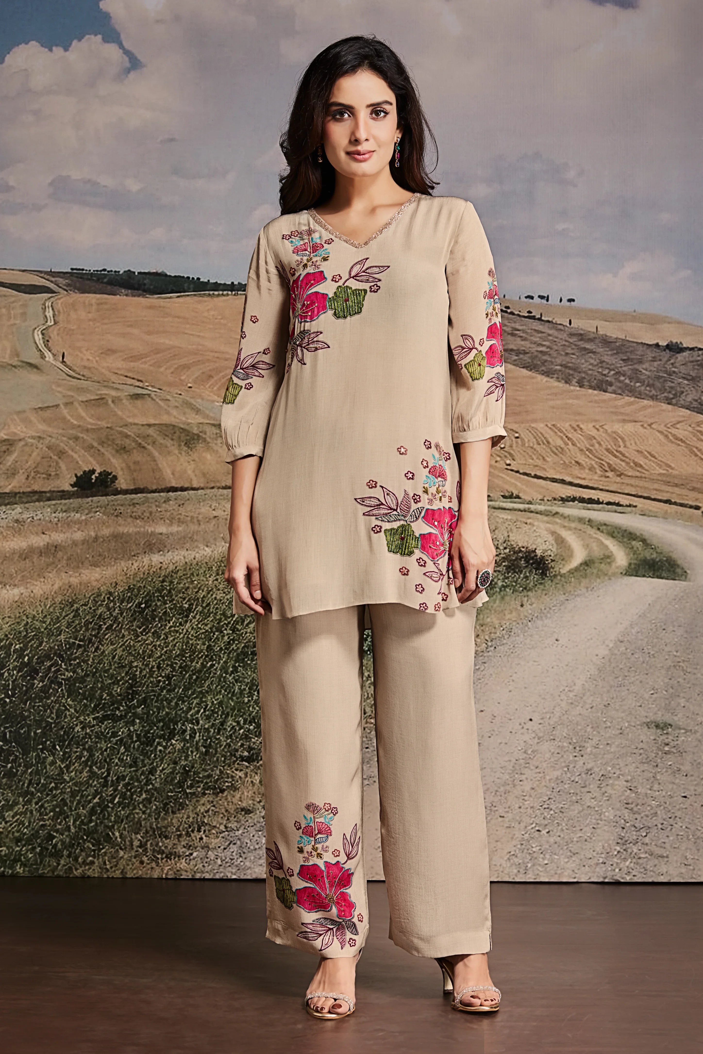 Beige Crepe Co-ord Set with Multicolor Floral Embroidery | Mokshaa