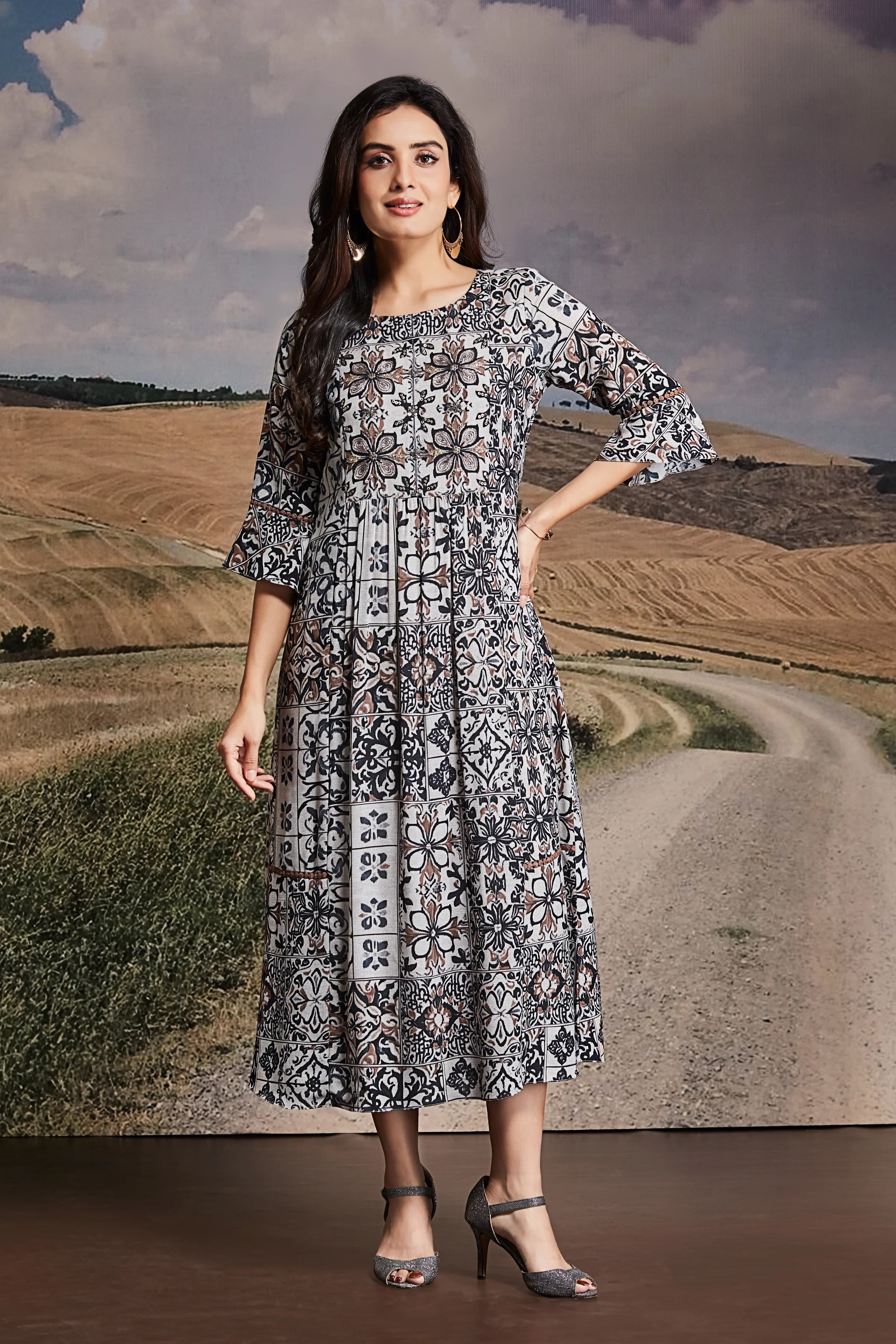 Tile Print Crepe Midi Dress with Flared Sleeves | Mokshaa