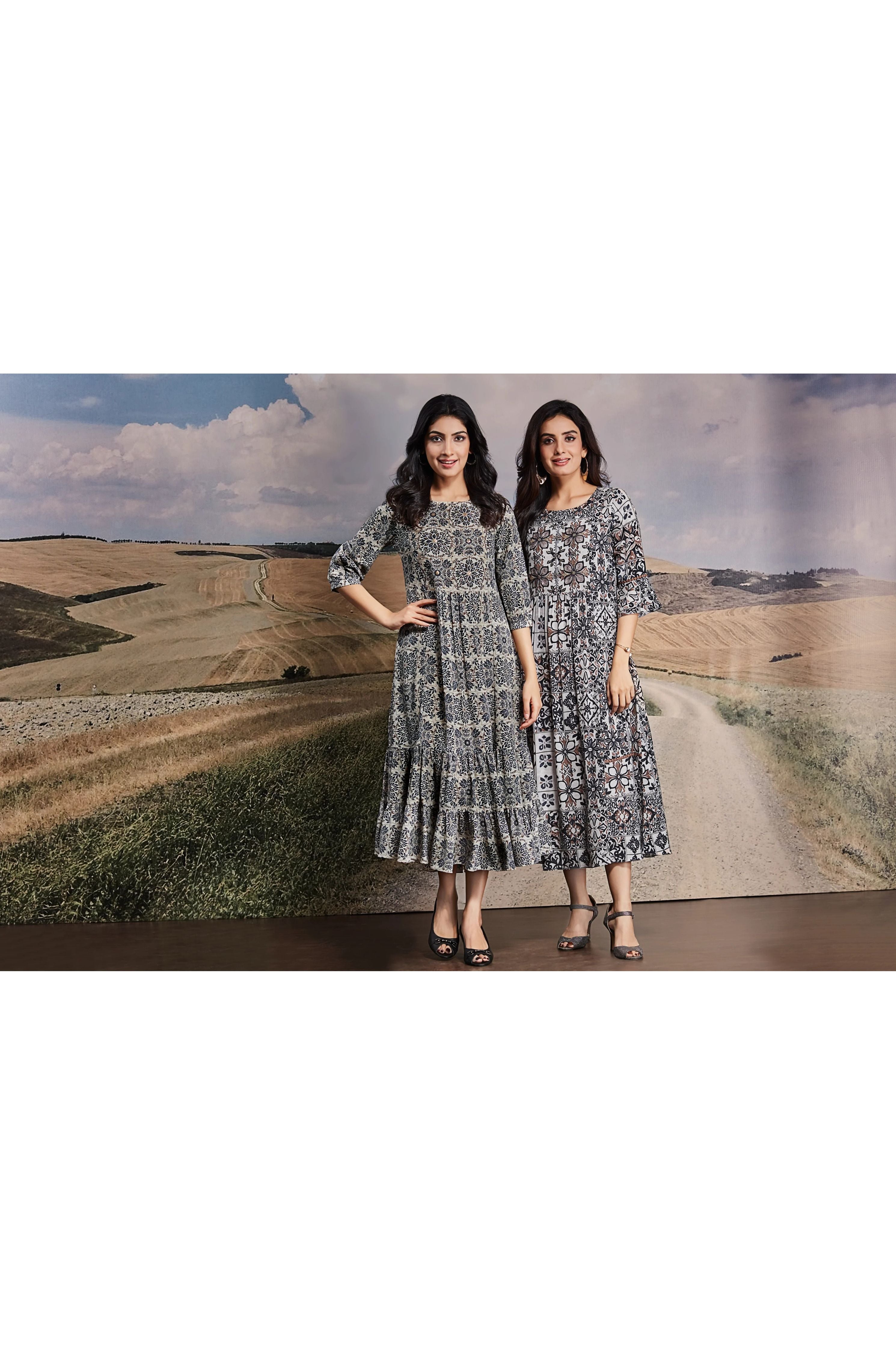 Indigo Block Print Crepe Midi Dress with Tiered Hem - Mokshaa