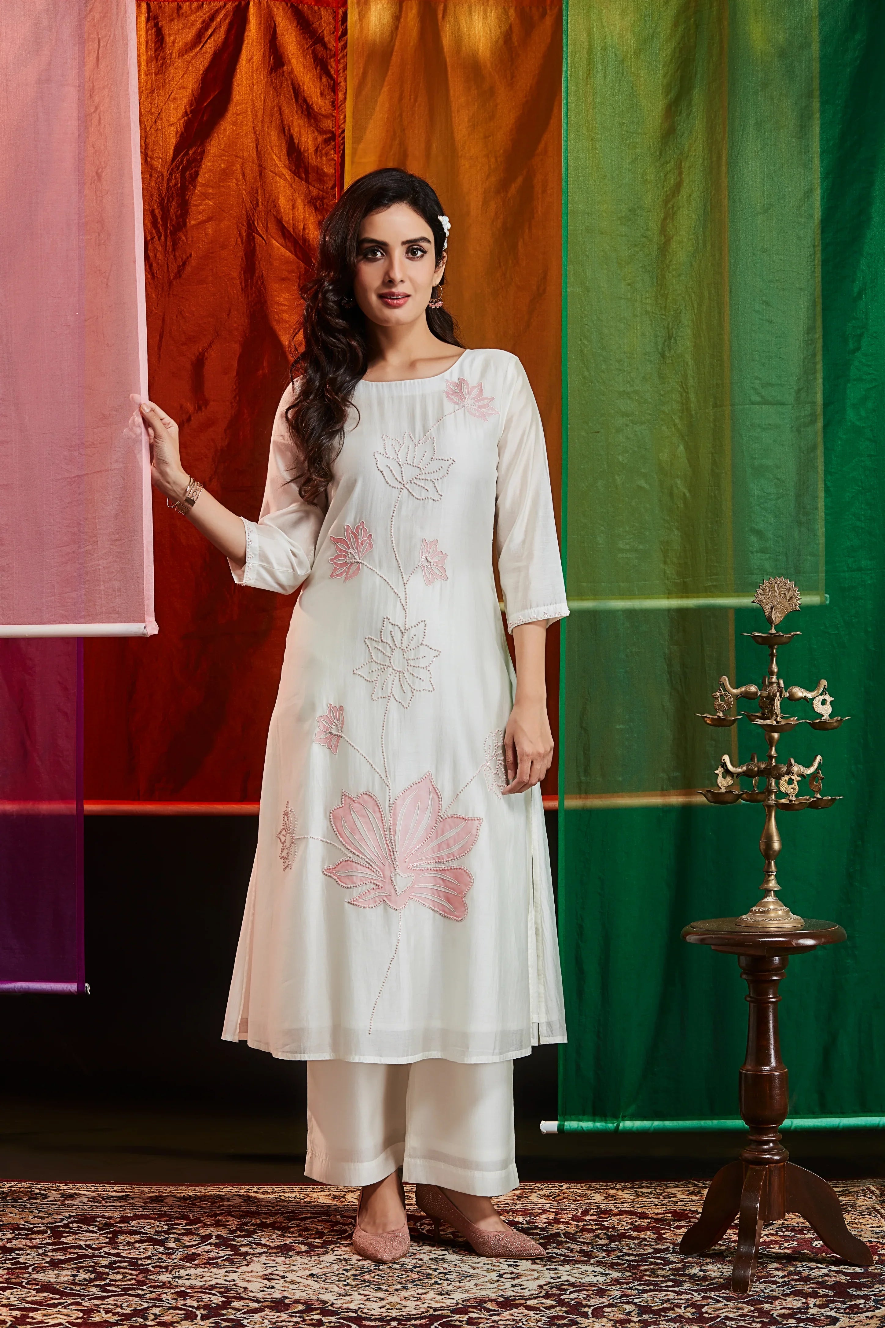 White Silk Kurta Set with Lotus Embroidery | Mokshaa