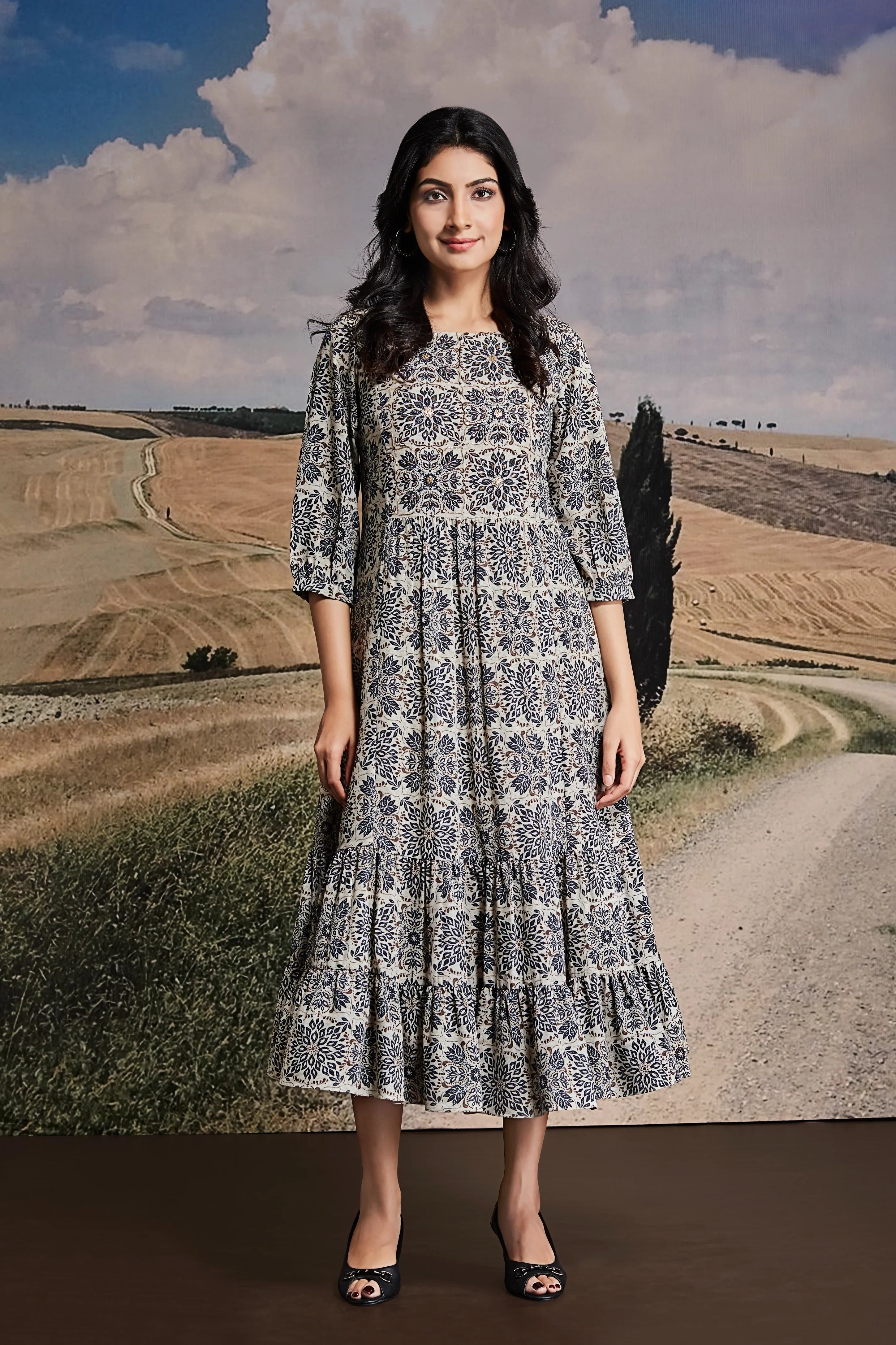 Indigo Block Print Crepe Midi Dress with Tiered Hem | Mokshaa