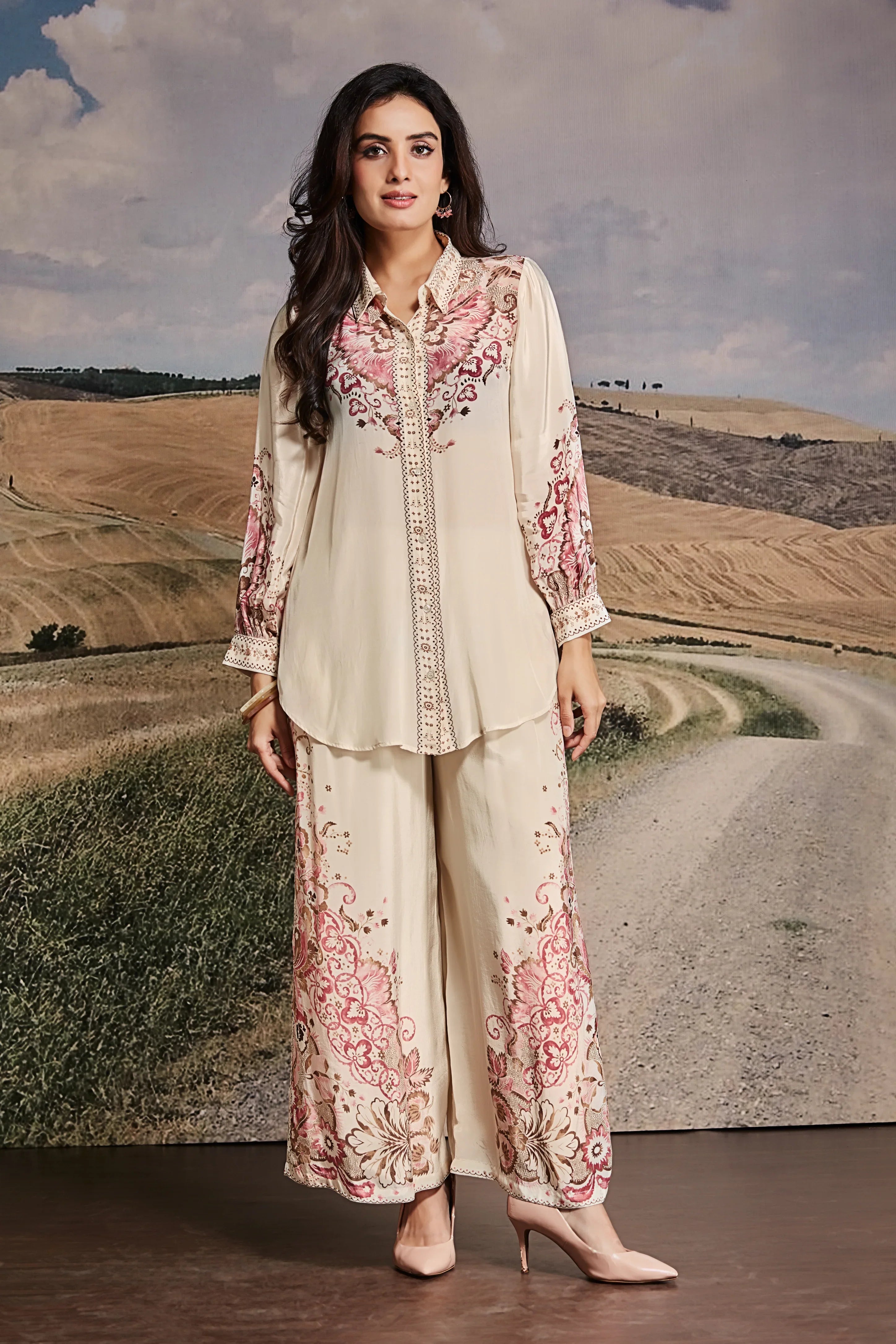 Ivory Crepe Co-ord Set with Rose Vine Embroidery | Mokshaa