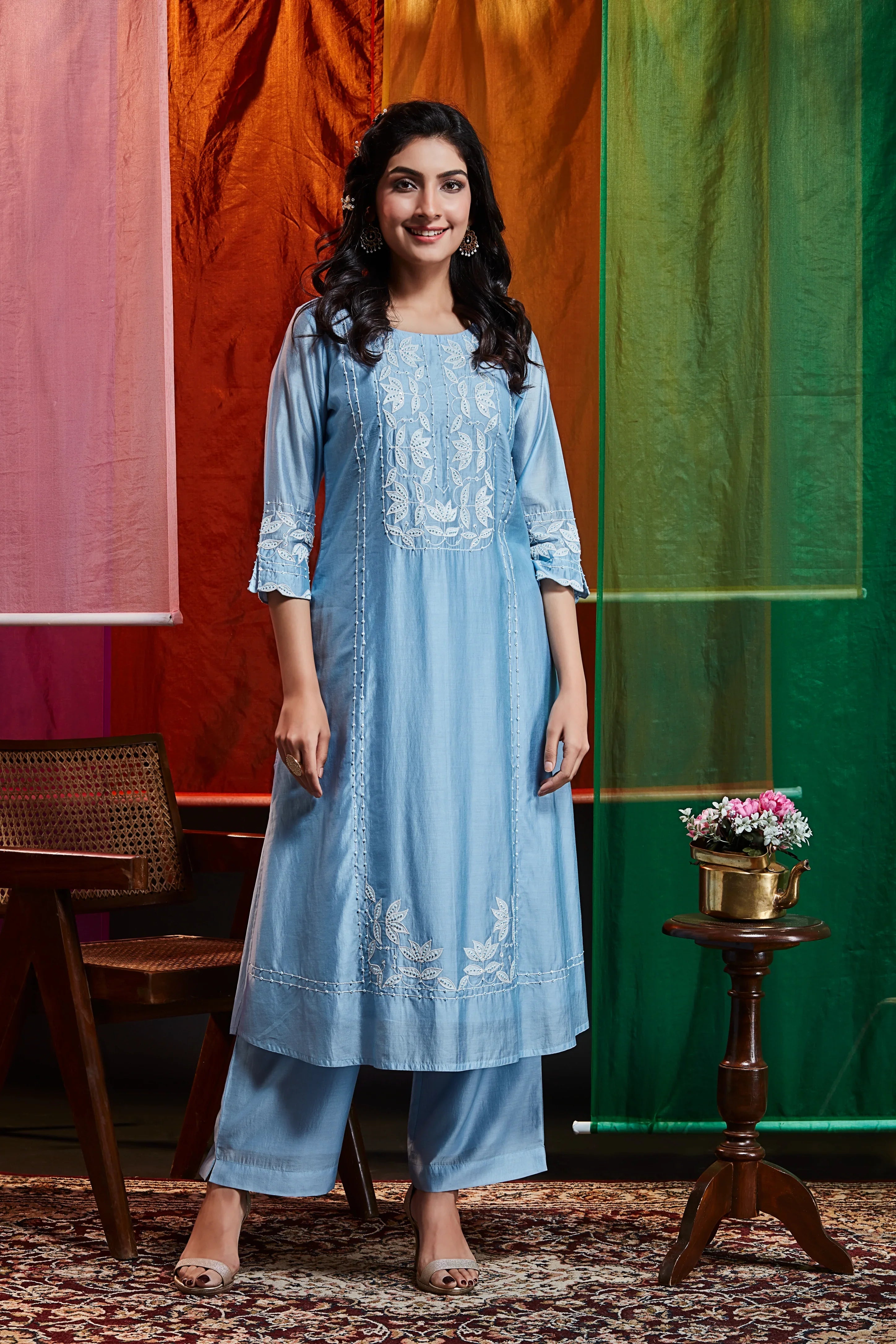 Sky Blue Silk Kurta Set with White Thread Embroidery | Mokshaa