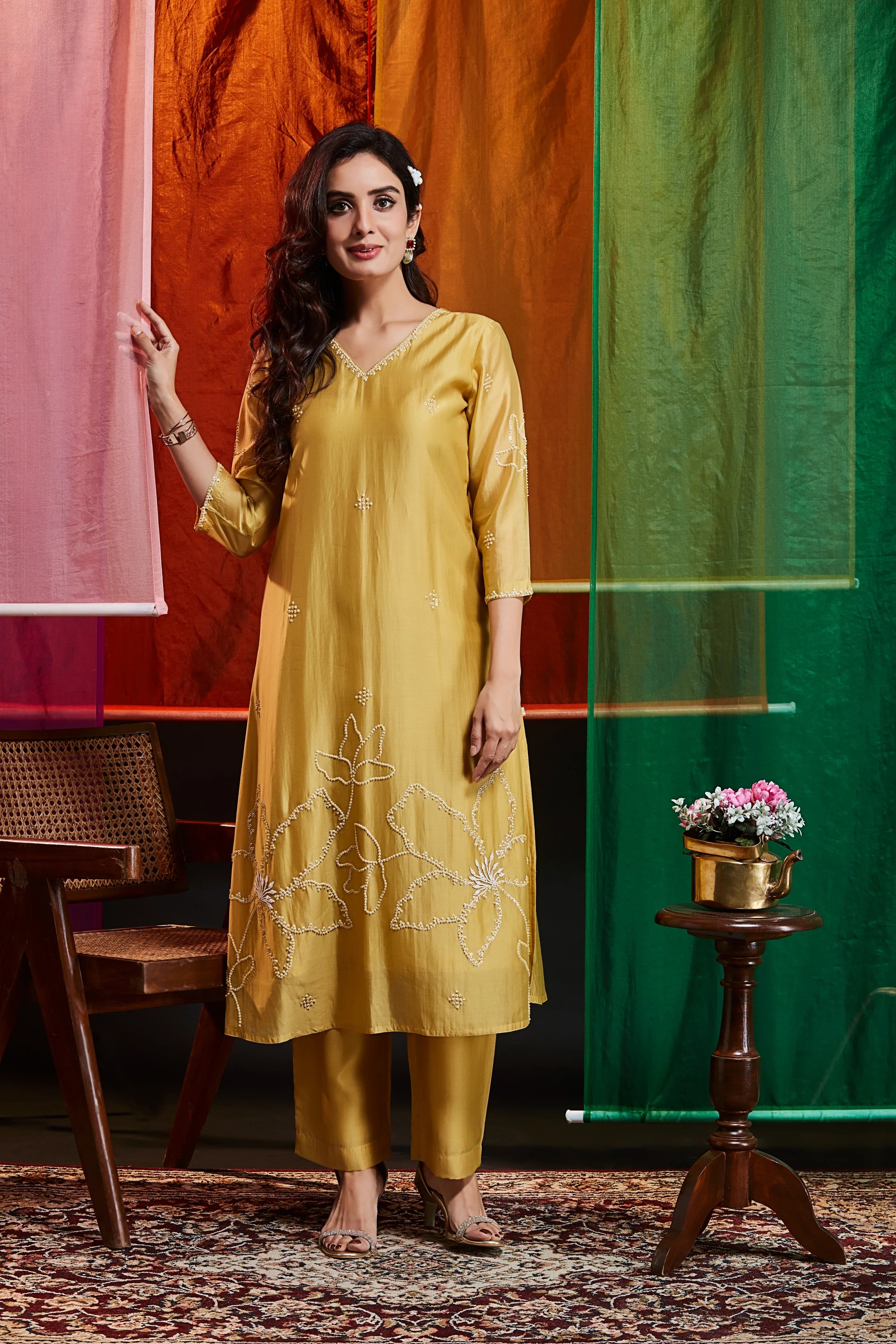 Mustard Yellow Silk Kurta Set with Pearl Embroidery | Mokshaa
