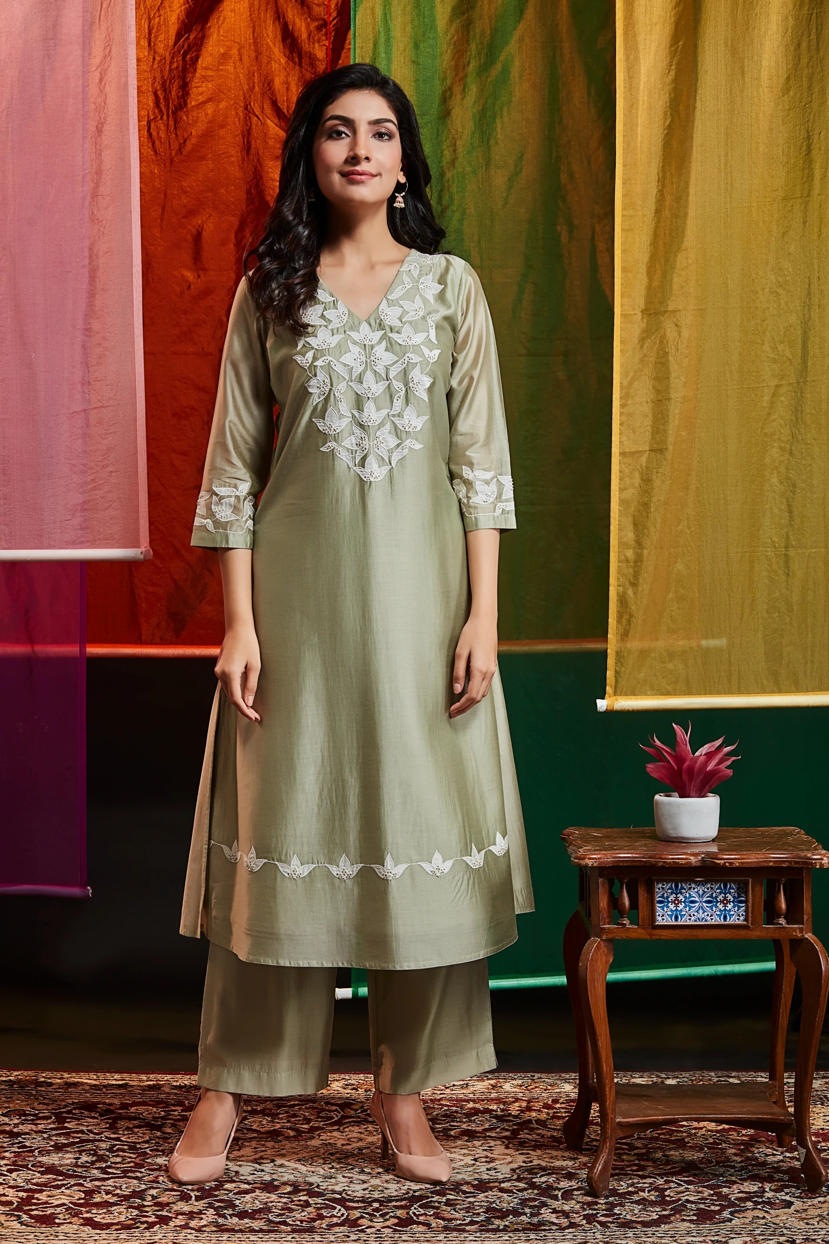 Sage Green Silk Kurta Set with White Thread Embroidery | Mokshaa