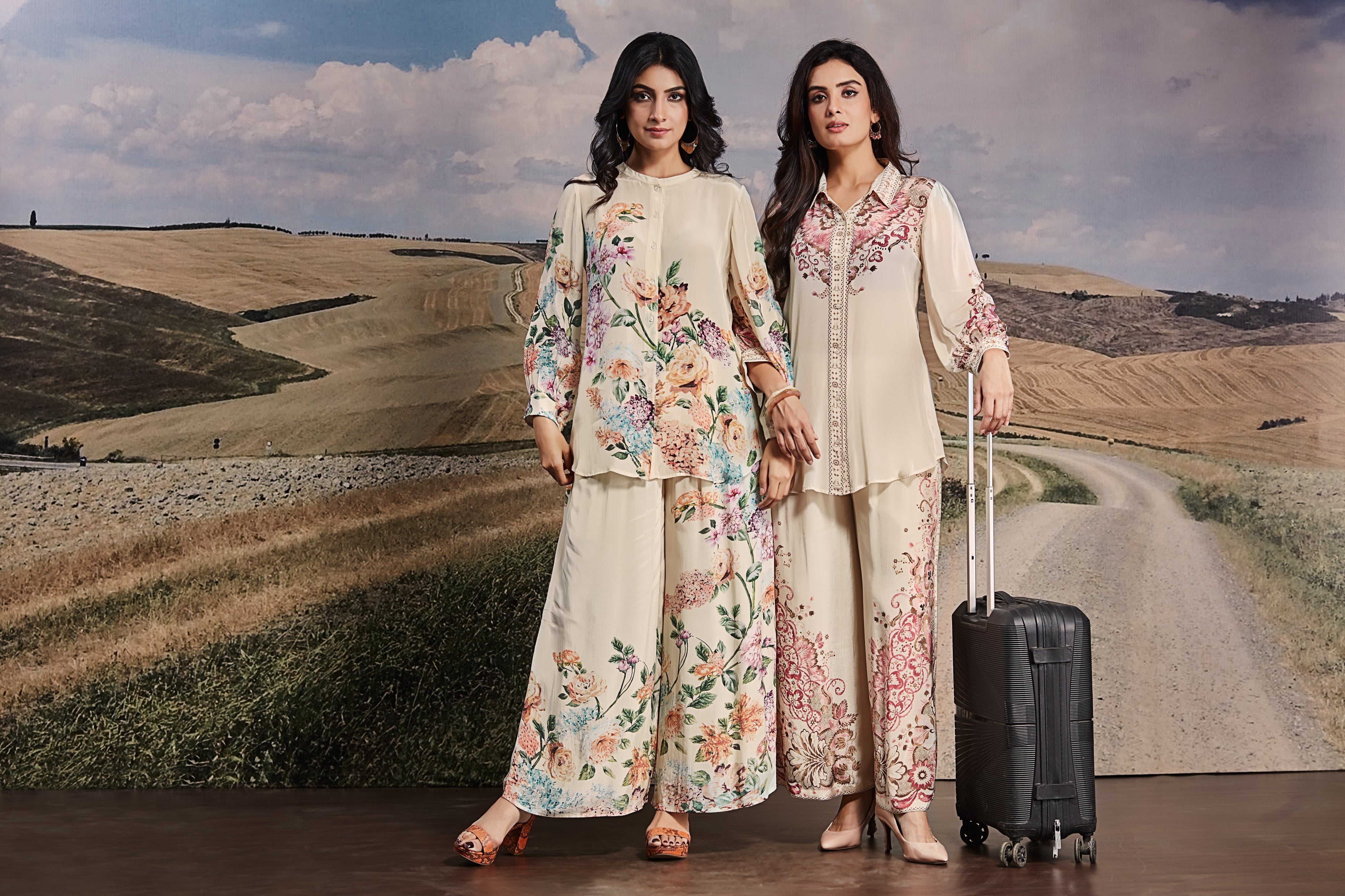 Ivory Crepe Co-ord Set with Botanical Print