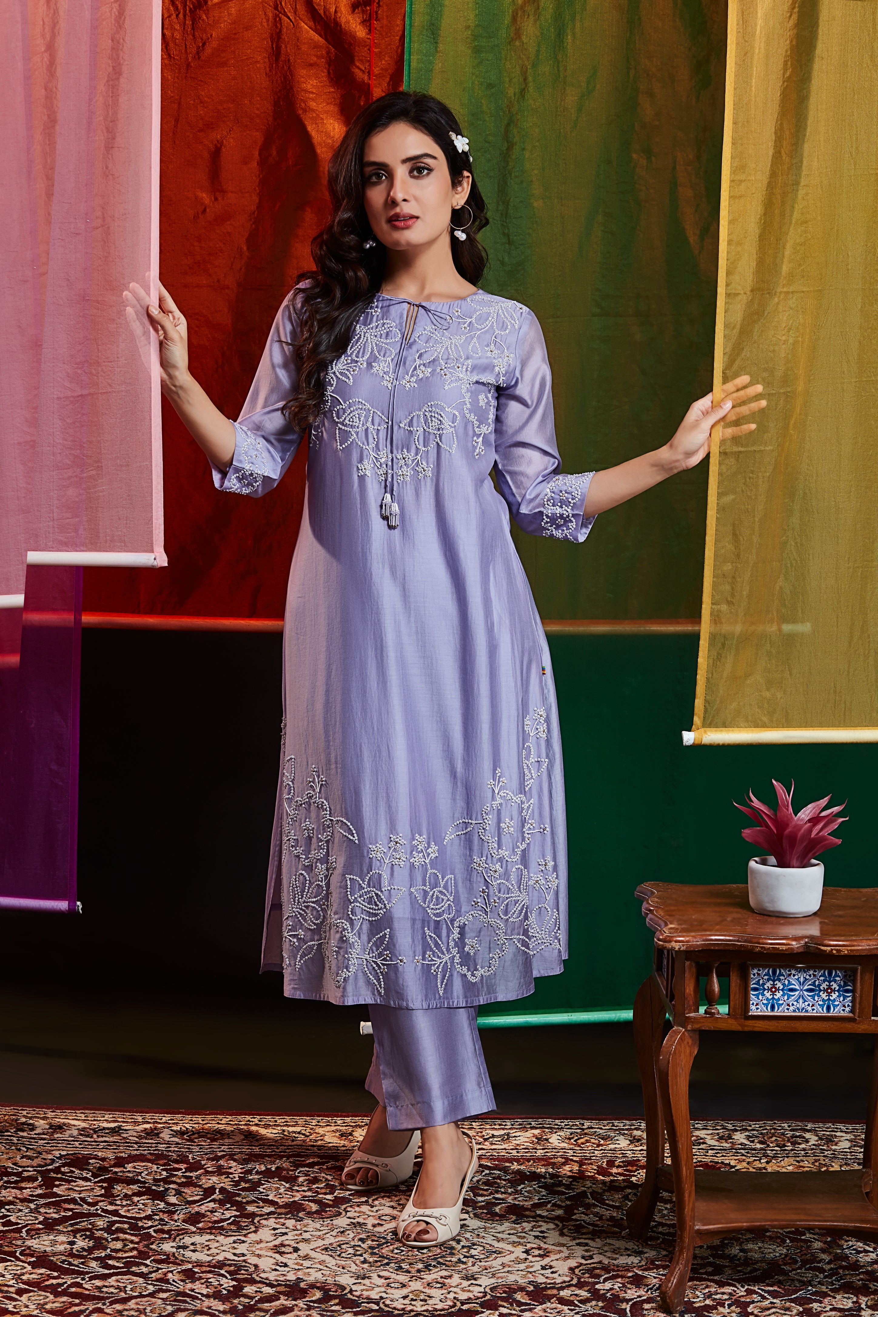 Lavender Silk Kurta Set with Pearl & Thread Embroidery