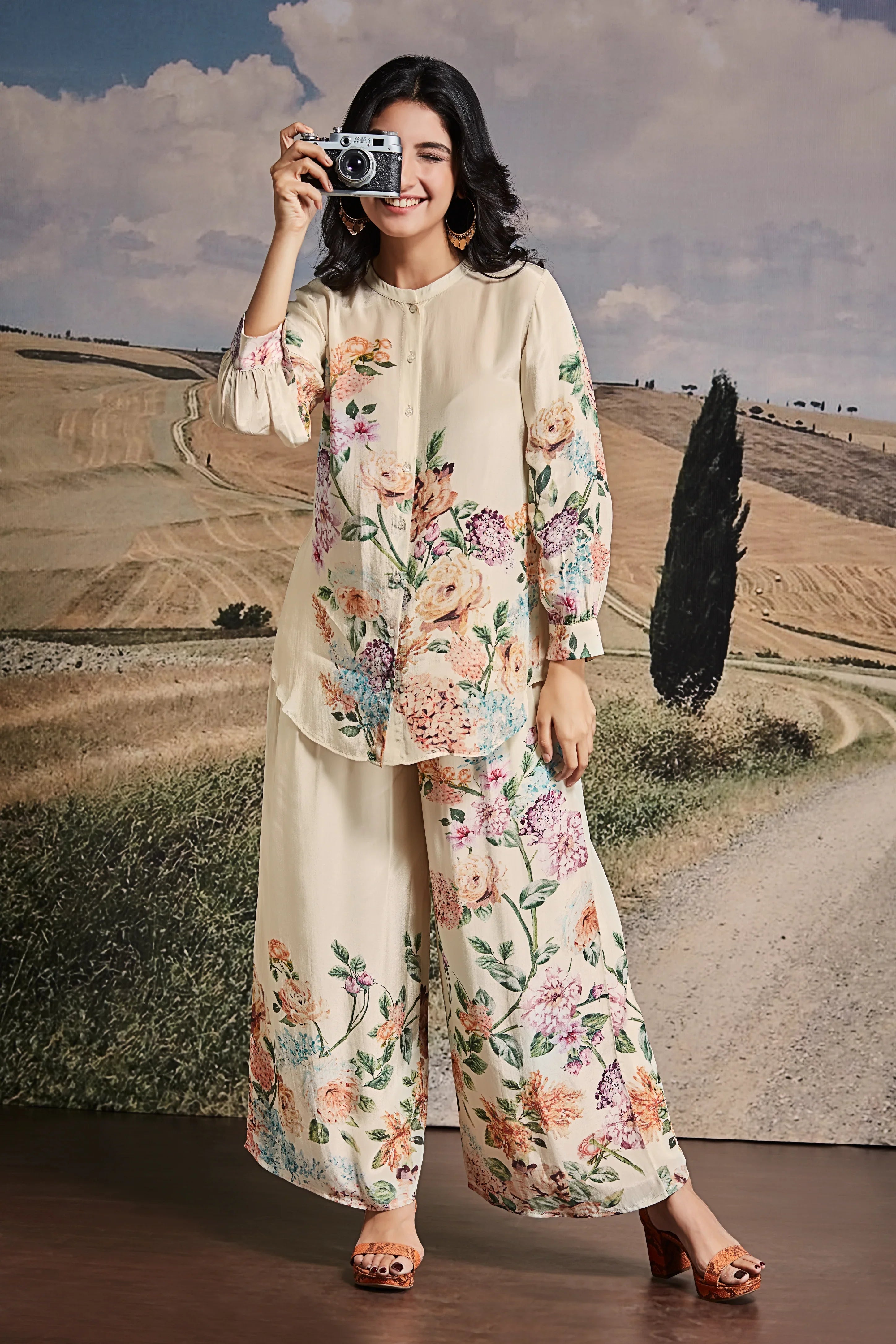 Ivory Crepe Co-ord Set with Botanical Print | Mokshaa