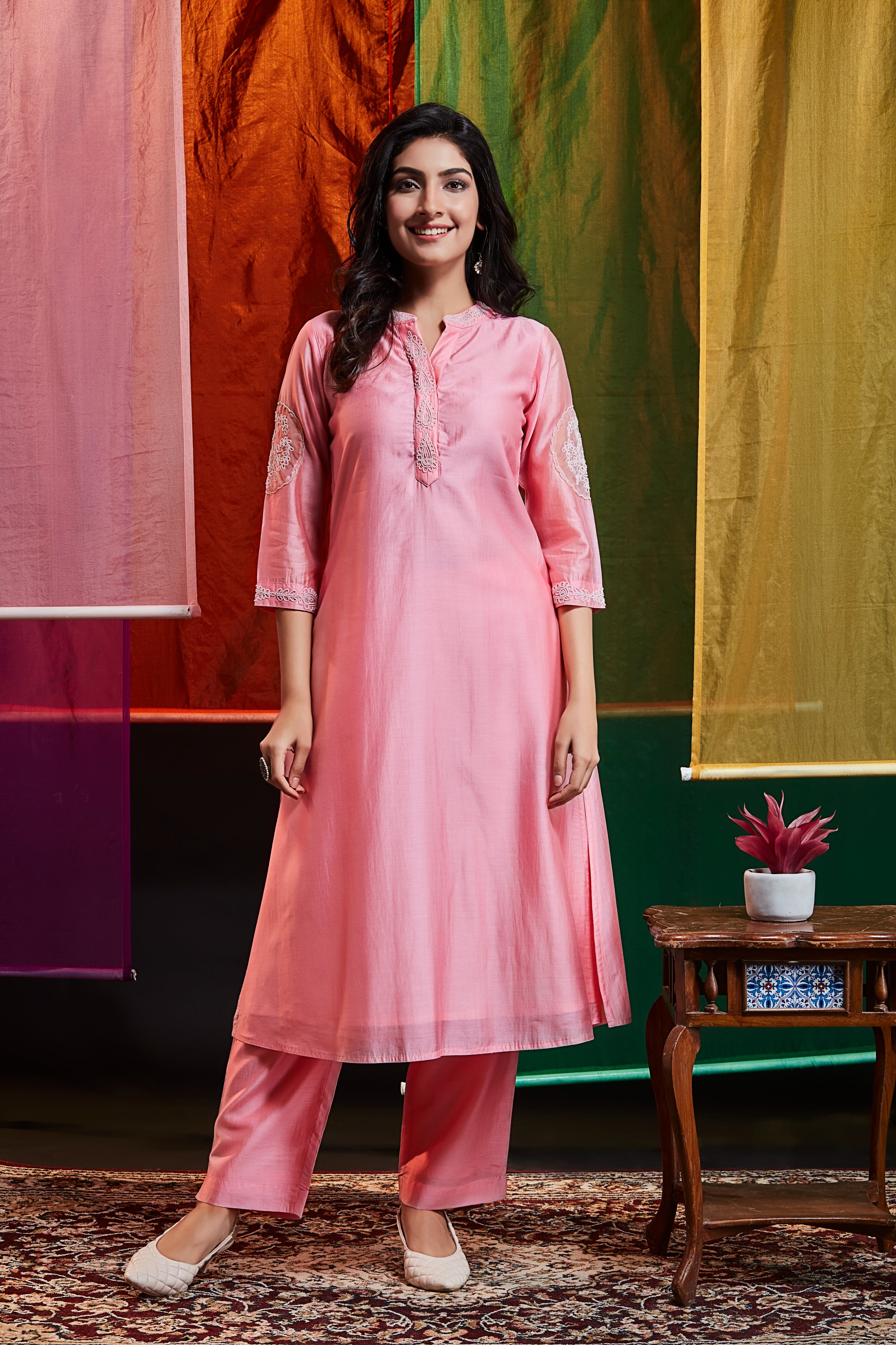 Blush Pink Silk Kurta Set with Sleeve Embroidery